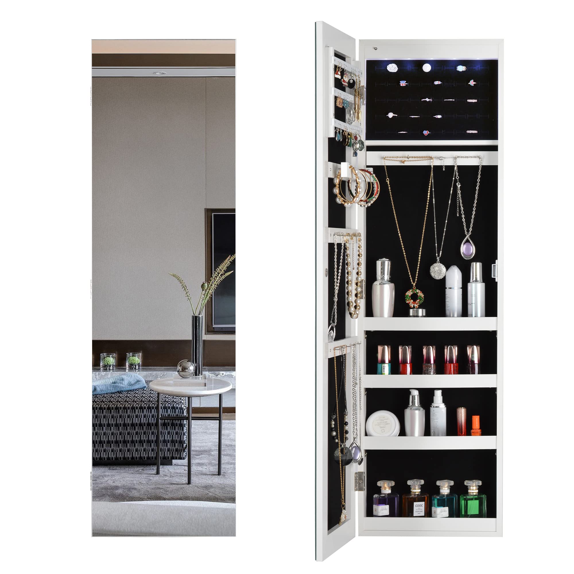Hanging Mirror Jewelry Cabinet with Storage - Sliding Full Length Mirror Jewelry Armoire Organizer, Wall Mounted & Door Mounted with LED Lights - White - Perfect for Bedroom, Closet & Dressing Room Organization