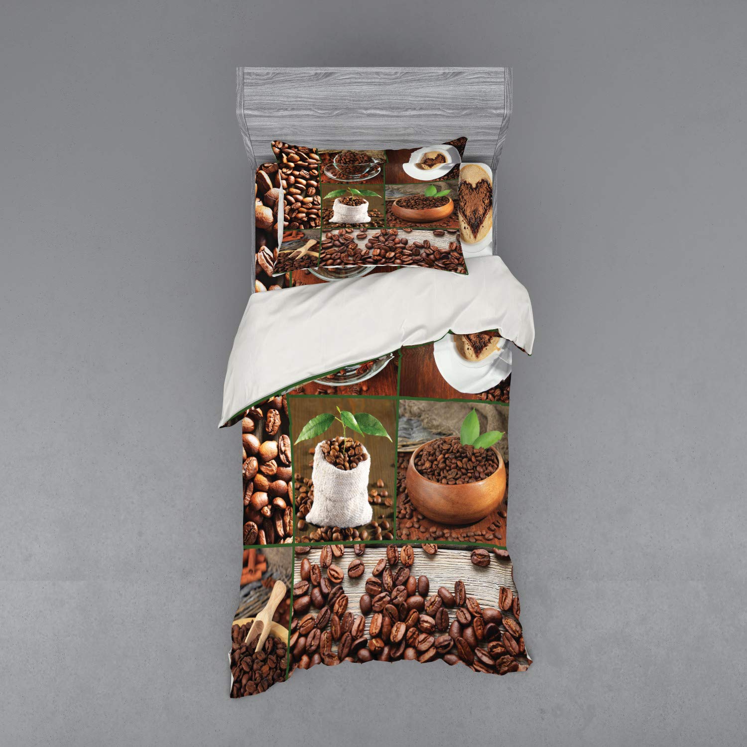Ambesonne Brown Duvet Cover Set - 3 Piece Coffee Theme Bedding with Sham & Fitted Sheet, Twin Size, Brown & Green Coffee Beans Design - Perfect for Coffee Lovers' Bedroom Decor & Cozy Farmhouse Style Homes