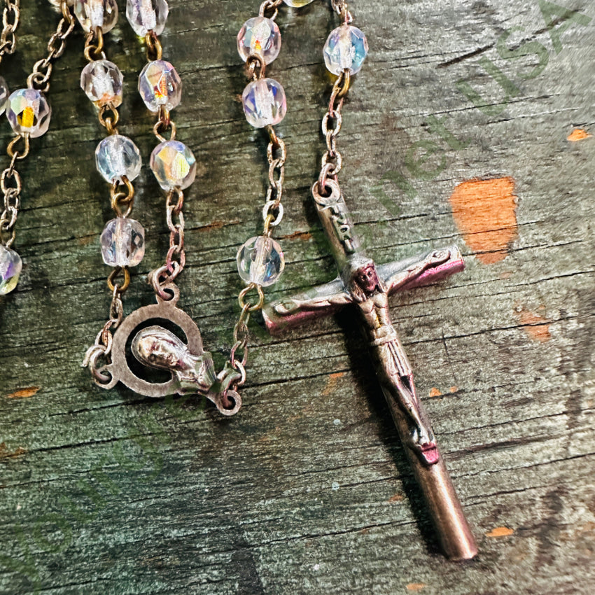 Vintage Aurora Borealis Glass Catholic Rosary - Handmade Religious Jewelry for Prayer & Meditation - Perfect for Gifts, Church, and Spiritual Practices