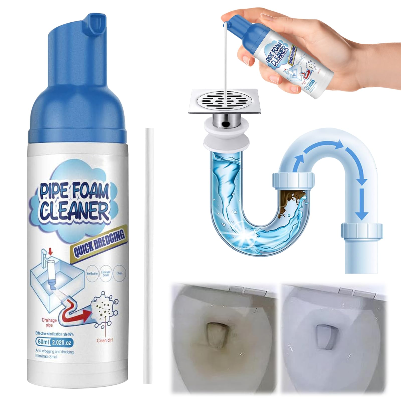 GAROMIA Pipe Foam Cleaner 60ml - Powerful Drain Cleaner for Kitchen Sink, Bathroom, Toilet & Bathtub - Fast Clog Remover & Odor Eliminator - Safe for Pipes - Ideal for Home & Commercial Use