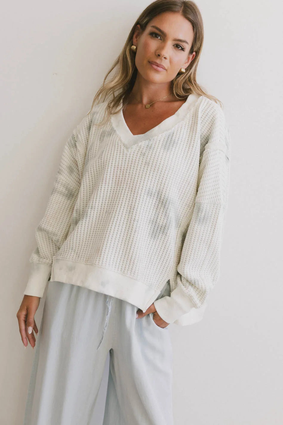 Ellis Waffle Knit Tie Dye Top for Women | Soft Breathable Casual Shirt | Perfect for Spring Outfits, Weekend Brunch & Coffee Dates
