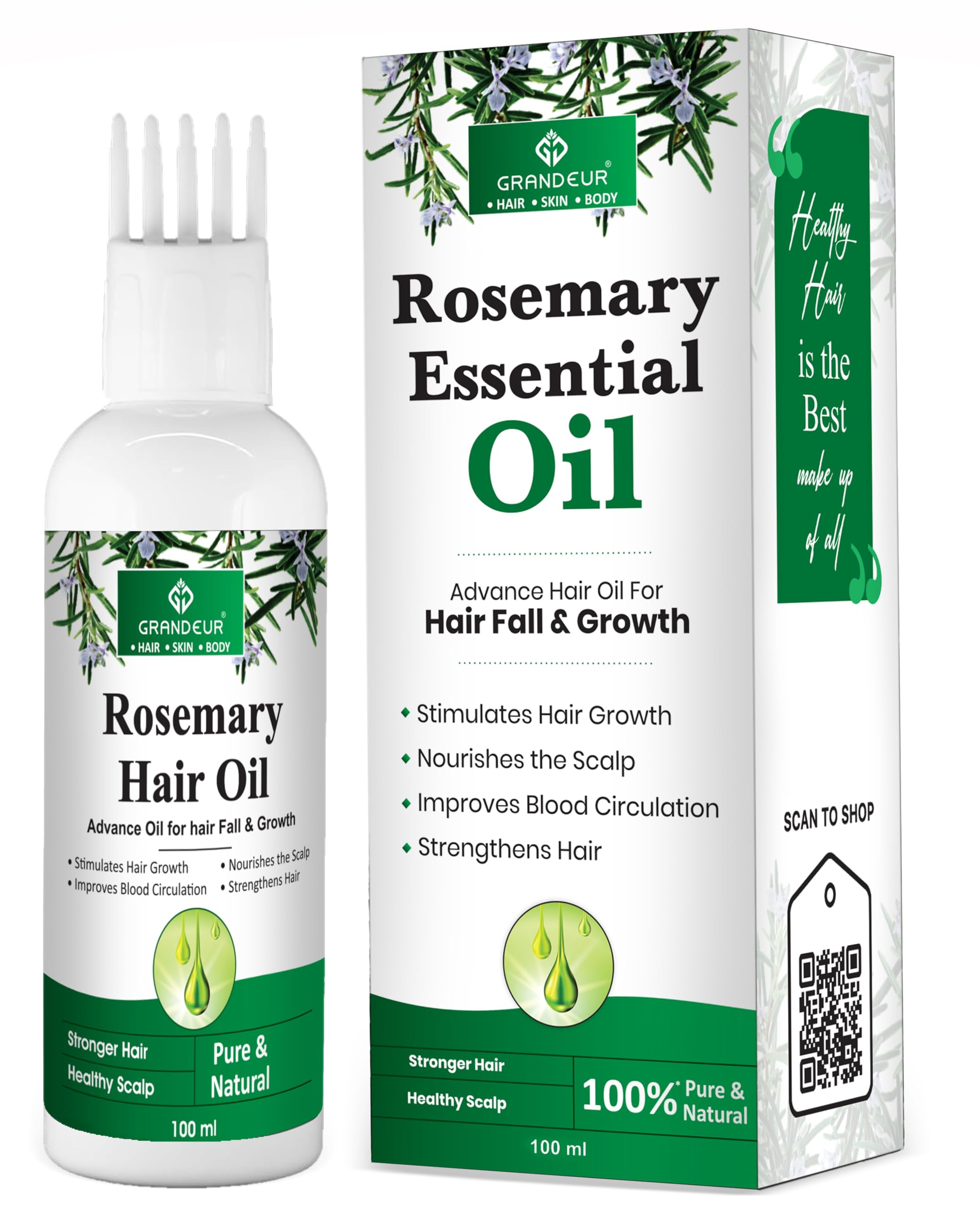 Grandeur Rosemary Hair Oil for Hair Growth & Hair Fall Control | Enriched with Fenugreek & Olive Oil | 100% Pure & Natural | Strengthens Hair | 100ml | Perfect for Daily Hair Care & Scalp Massage