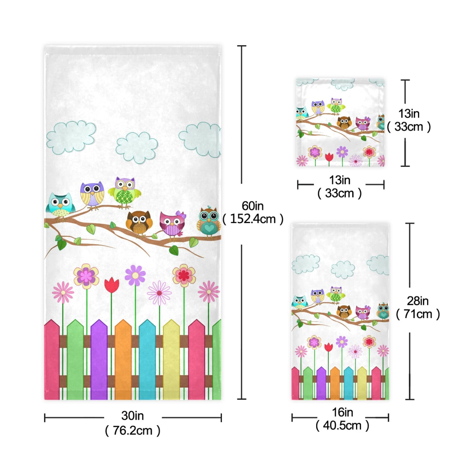 Poeticcity Set of 3 Soft Absorbent Cotton Towels - 1 Bath Towel, 1 Hand Towel & 1 Washcloth with Colorful Owl Branch Design for Spa, Bathroom, Hotel, Kitchen & Gym Use | Ultra Soft & Quick-Drying
