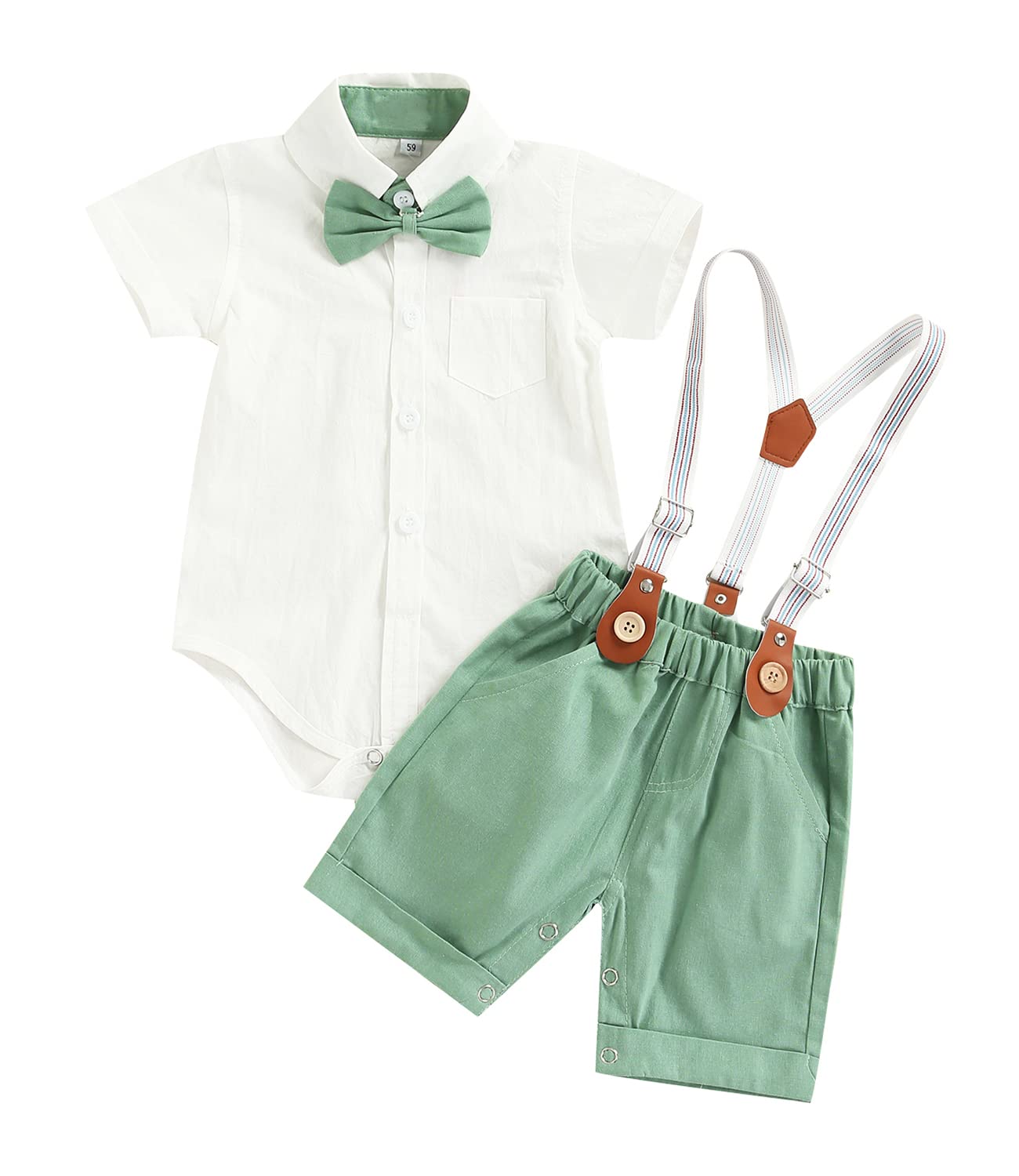 Qiylii Baby Boys Short Sleeve Bowtie Button-Up Bodysuit with Suspenders & Shorts Set - Cute Summer Outfit for Infants 0-24 Months - Perfect for Photoshoots, Parties & Casual Wear