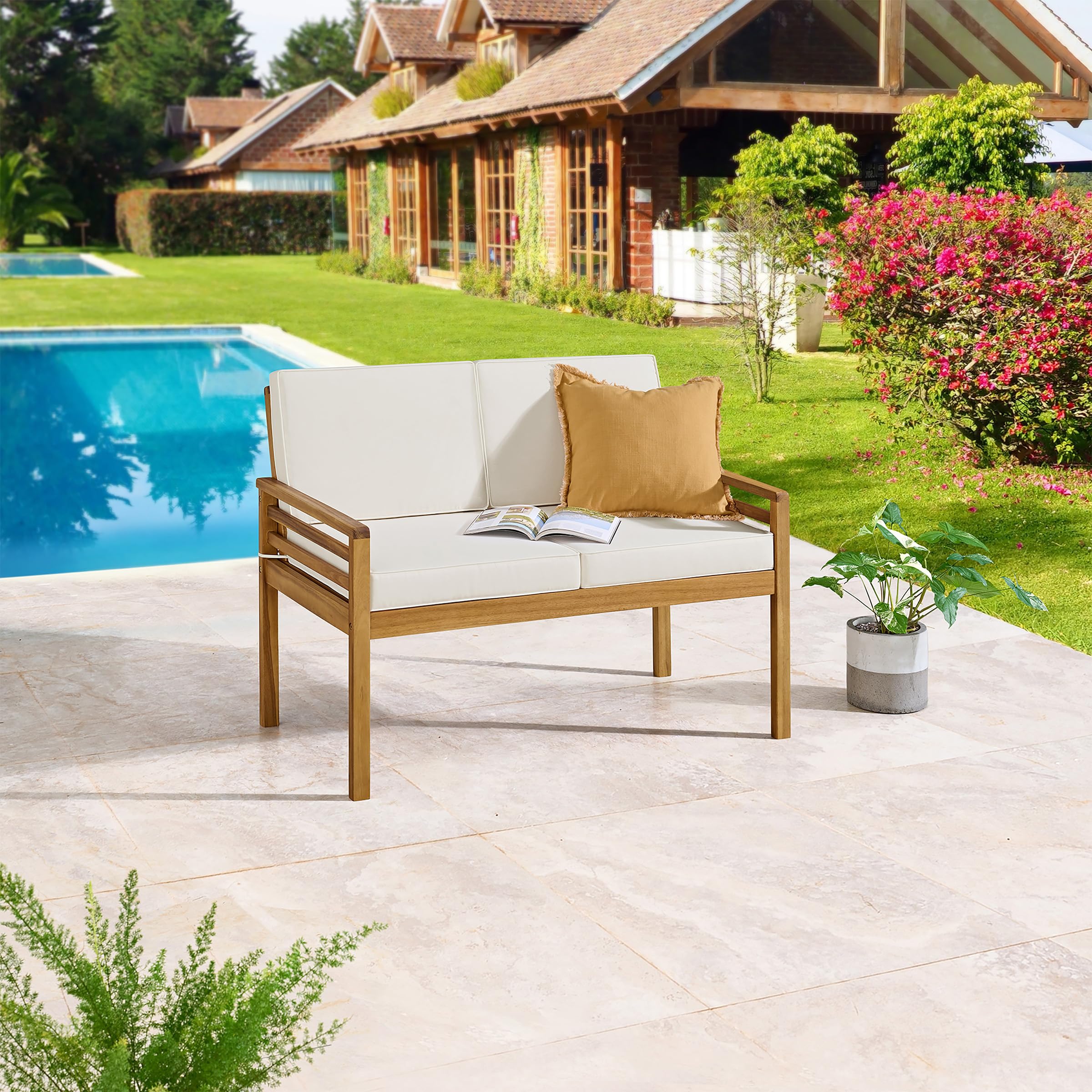 Alaterre Okemo Outdoor Sofa - Natural Wood Frame with Cream Cushions - Weather-Resistant Patio Furniture for Garden, Poolside & Backyard Relaxation