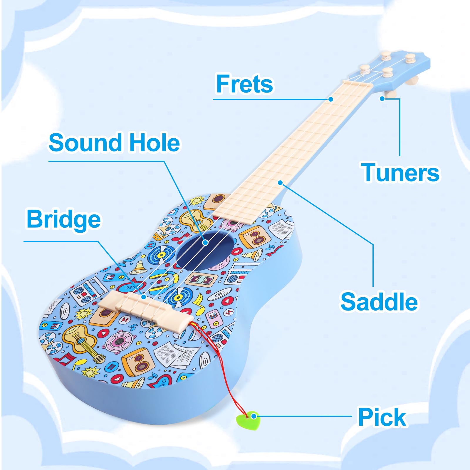 LeeQee 21 Inch Colorful Graffiti Ukulele for Kids - 4 String Beginner Musical Instrument with Picks, Educational Toy for Boys & Girls Ages 3-12 (Blue) | Perfect for Music Lessons, Birthday Gifts & Family Fun