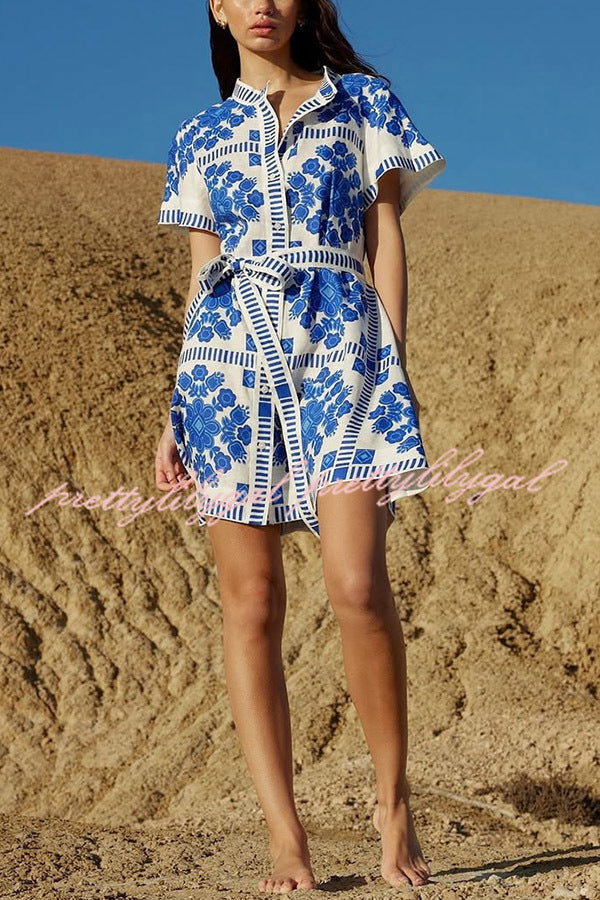 Stylish Floral Print Short Sleeve Button Down Tie Waist Mini Dress - Perfect for Summer Outings, Beach Vacations & Casual Dates
