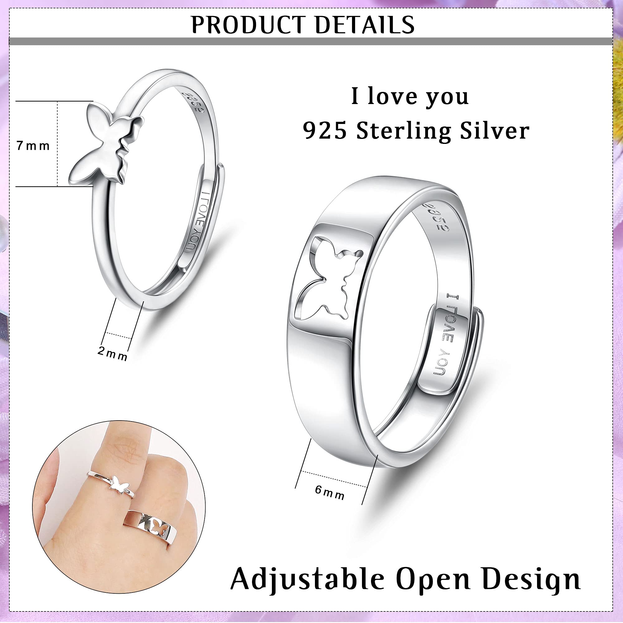 Sterling Silver Butterfly Promise Rings for Couples - Adjustable Matching Engagement Rings for Men & Women - Perfect for Anniversaries, Weddings, and Romantic Gifts