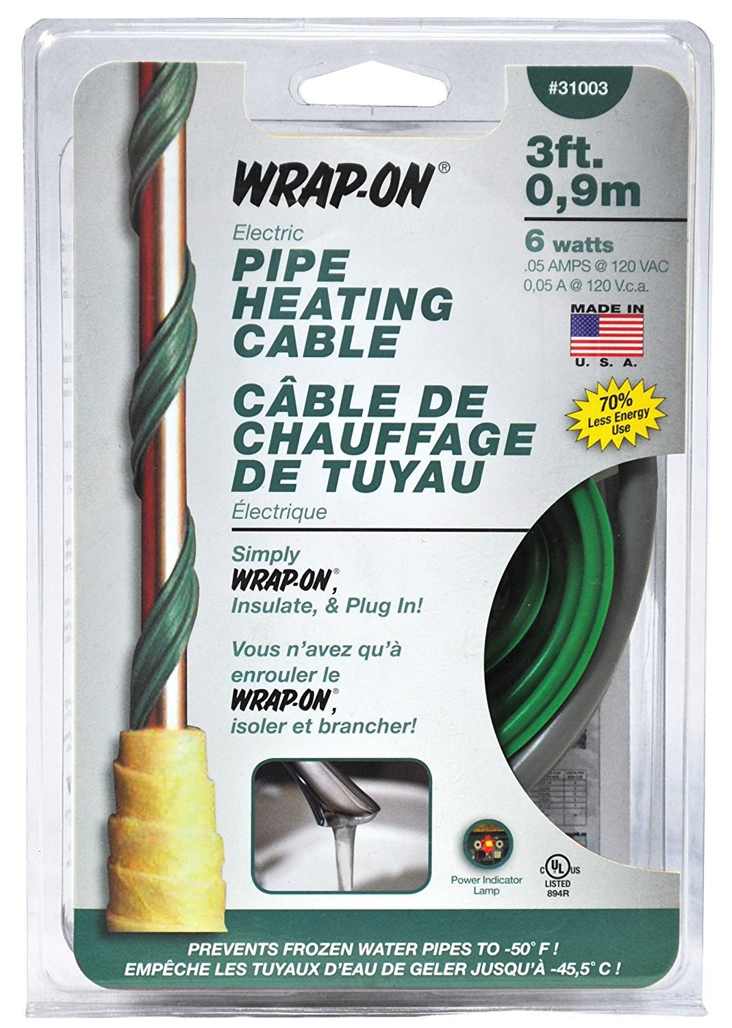 3-Feet Pipe Heating Cable with Built-in Thermostat - 120V Low Wattage Freeze Protection for Water Pipes - Green (Model 31003) - Perfect for Basements, Crawl Spaces & Outdoor Plumbing in Cold Climates