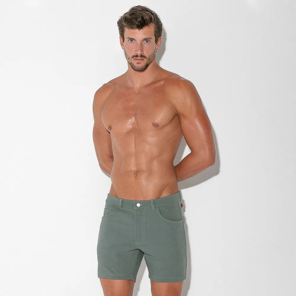 Code 22 Slim Fit 5-Pocket Stretch Shorts 9712 in Khaki Sage - Comfortable Men's Casual Shorts for Summer, Gym, and Outdoor Activities