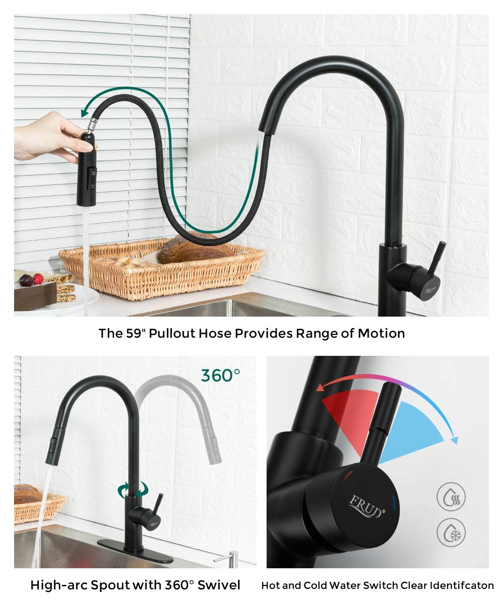 Premium Commercial Matte Black Stainless Steel Kitchen Faucet with Pull-Out Sprayer - High Arc Single Handle RV Sink Faucet with Deck Plate - Ideal for Modern Kitchens, Restaurants & Campers