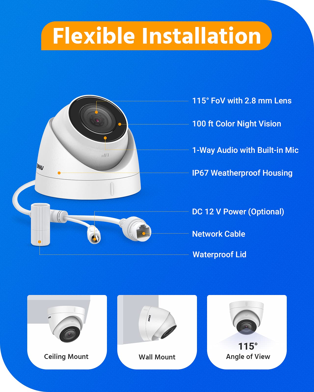 ANNKE C500 4 Pack 5MP PoE IP Security Cameras - 24/7 Audio Recording, 100ft EXIR 2.0 Night Vision, H.265+, IP67 Weatherproof for Outdoor & Indoor Use - Compatible with Alexa - Ideal for Home Security, Business Surveillance & Property Monitoring