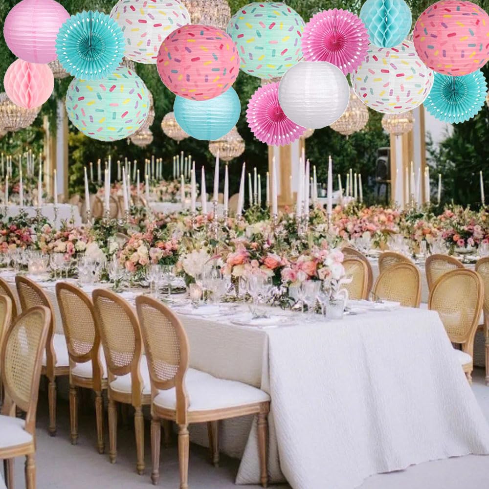 Aiminjey 15PCS Donut Birthday Party Decorations Set - Hanging Donut Paper Lanterns, Honeycomb Balls & Paper Fans for Baby Shower, Ice Cream Party (Blue & Pink Theme, 15 Pieces) - Perfect for Kids Birthday, Dessert-Themed Events & Classroom Celebrations