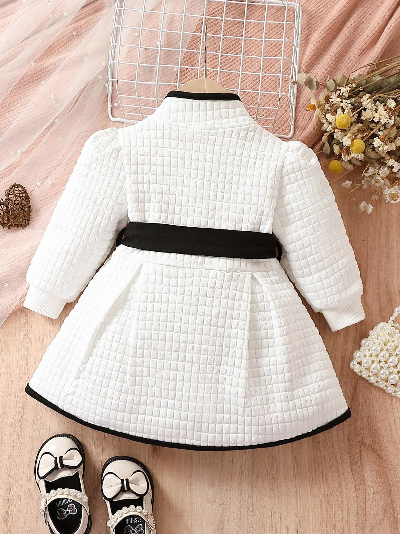 Baby Girls' Winter Thermal Belted Dress Set with Princess Coat - Classic Black & White Contrast Cardigan for Holiday Parties & Family Photos