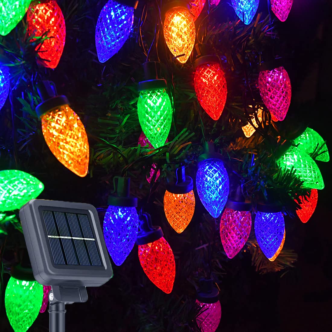 50 LED Solar Christmas Lights Outdoor - 31ft C9 Strawberry String Lights with 8 Modes, Waterproof Solar Fairy Lights for Garden, Backyard, Deck, Christmas Tree, Window, Railing, Camping & Chicken Coop - Multicolor Holiday Decoration