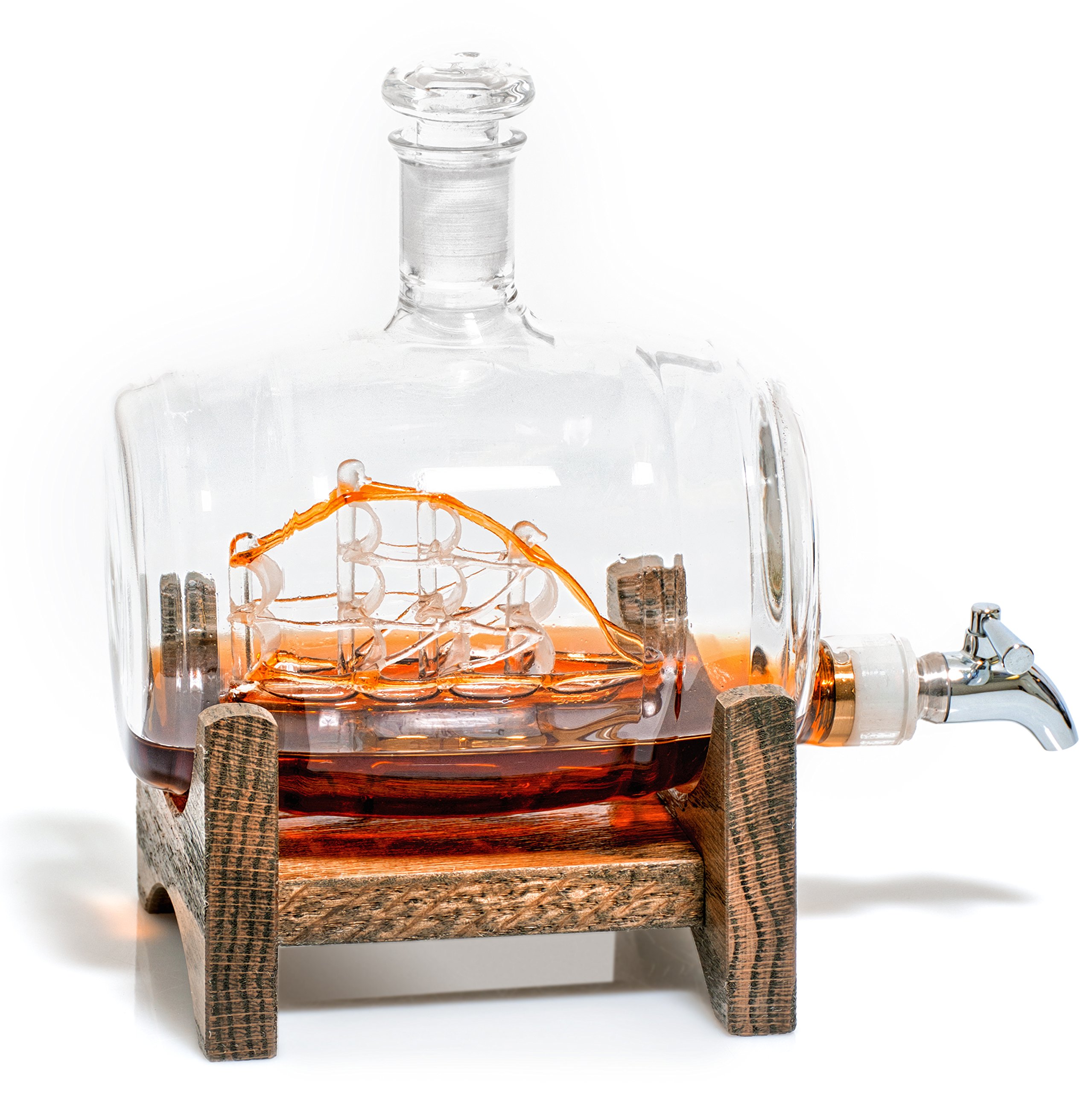 Bourbon Barrel Whiskey Decanter with Ship Design - 1000ml Glass Liquor Dispenser - Nautical Decor & Unique Gift for Men, Women, Whiskey Lovers - Perfect for Home Bar, Retirement Gifts, Sailing & Boating Enthusiasts (Tomoka Gold)