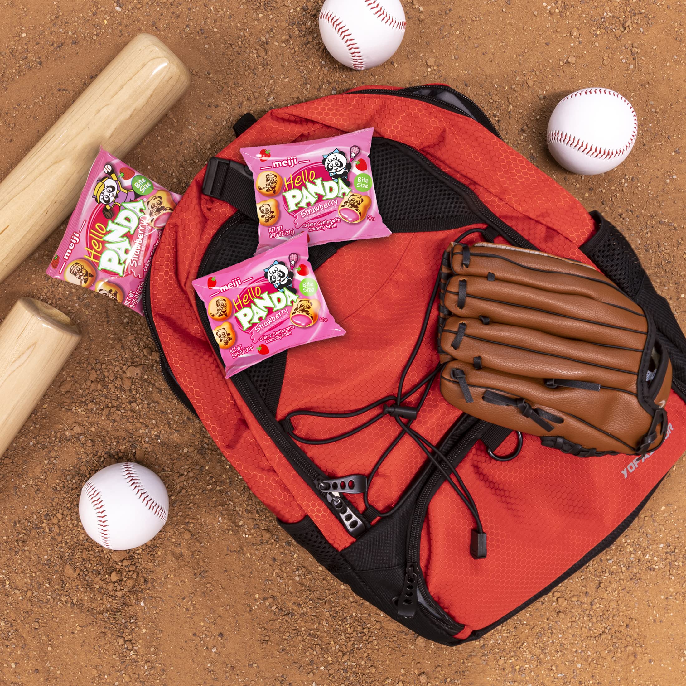 Meiji Hello Panda Strawberry Crème Filled Bite-Sized Cookies - 6oz (Pack of 8, 64 Bags Total) - Fun Panda Sports Design - Perfect for School Lunches, Snack Time & Party Favors