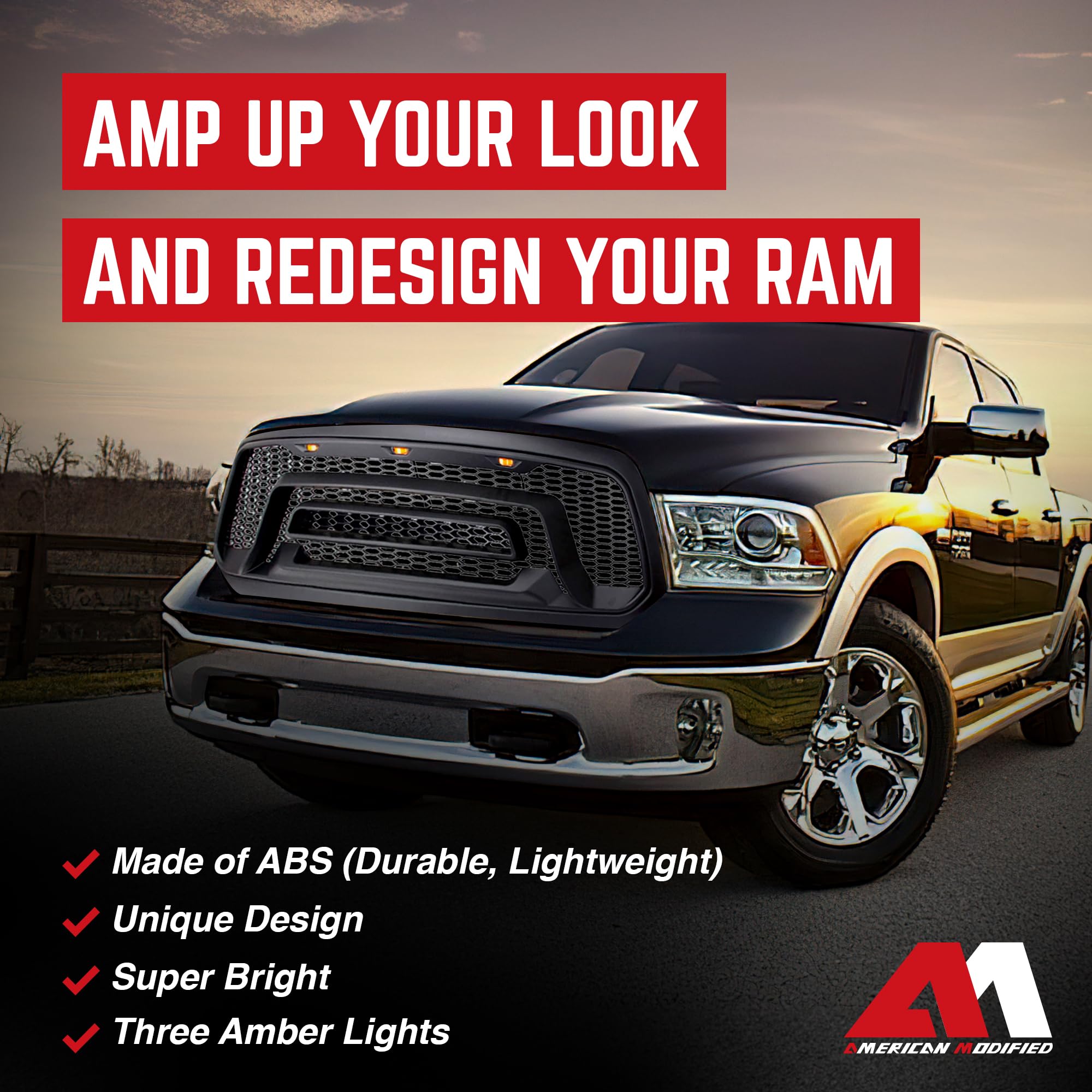 2013-2018 Dodge Ram 1500 Replacement Front Grille with Amber Lights - Matte Black AMERICAN MODIFIED Grill for Off-Road & Truck Customization