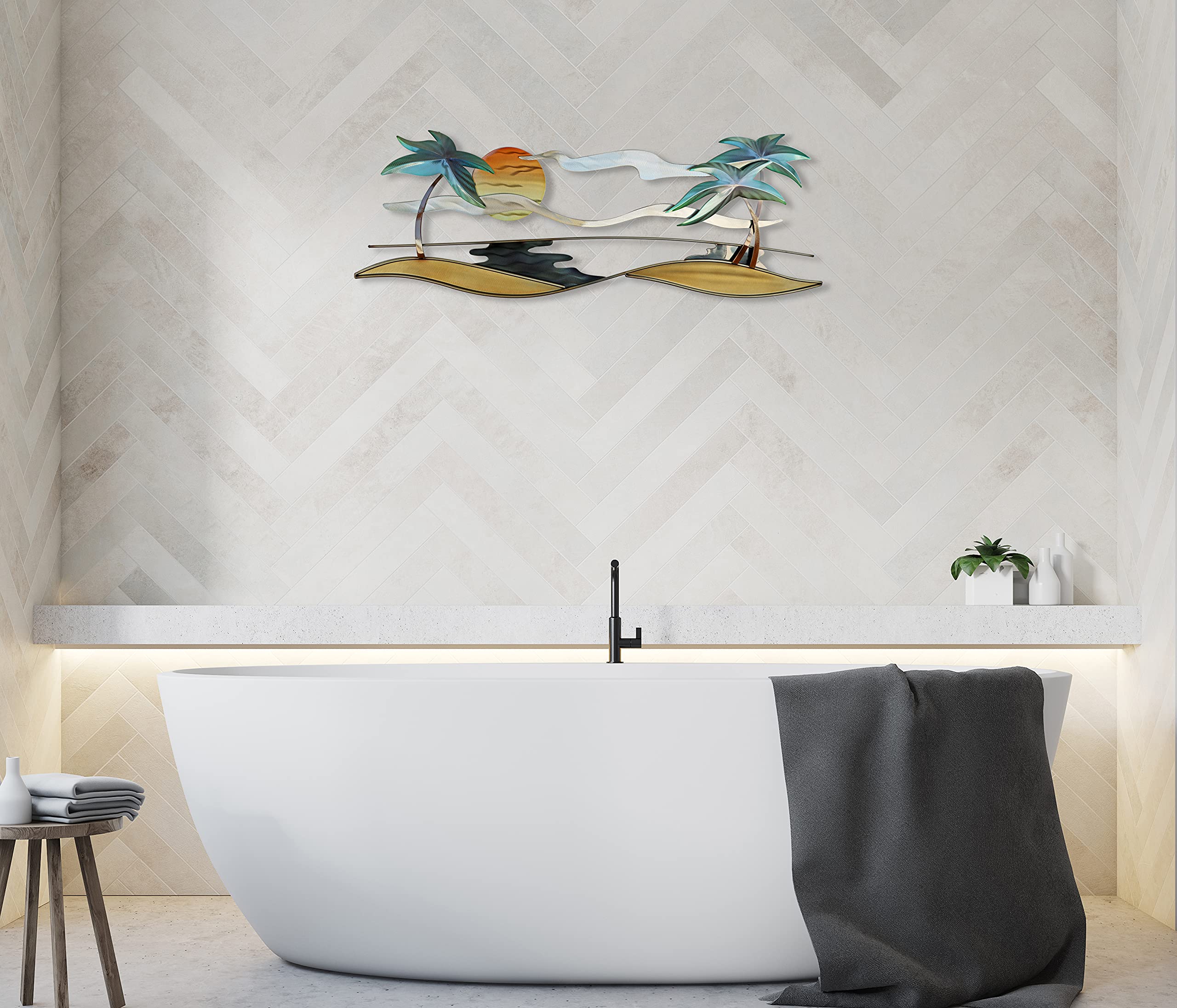 Tropical Beach Coastal Metal Wall Art - Modern Ocean Themed Home Decor for Living Room, Bedroom, or Beach House