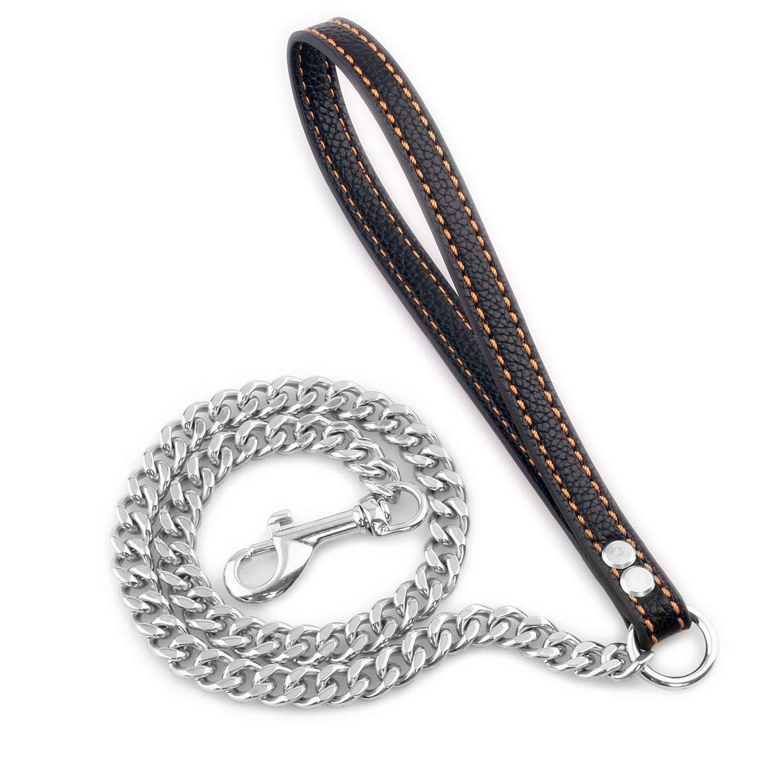 Stainless Steel Dog Leash 2ft 3ft 4ft - Heavy Duty 12mm Metal Chain with Comfortable Leather Handle for Small Medium Large Dogs - Perfect for Walking Training and Outdoor Adventures