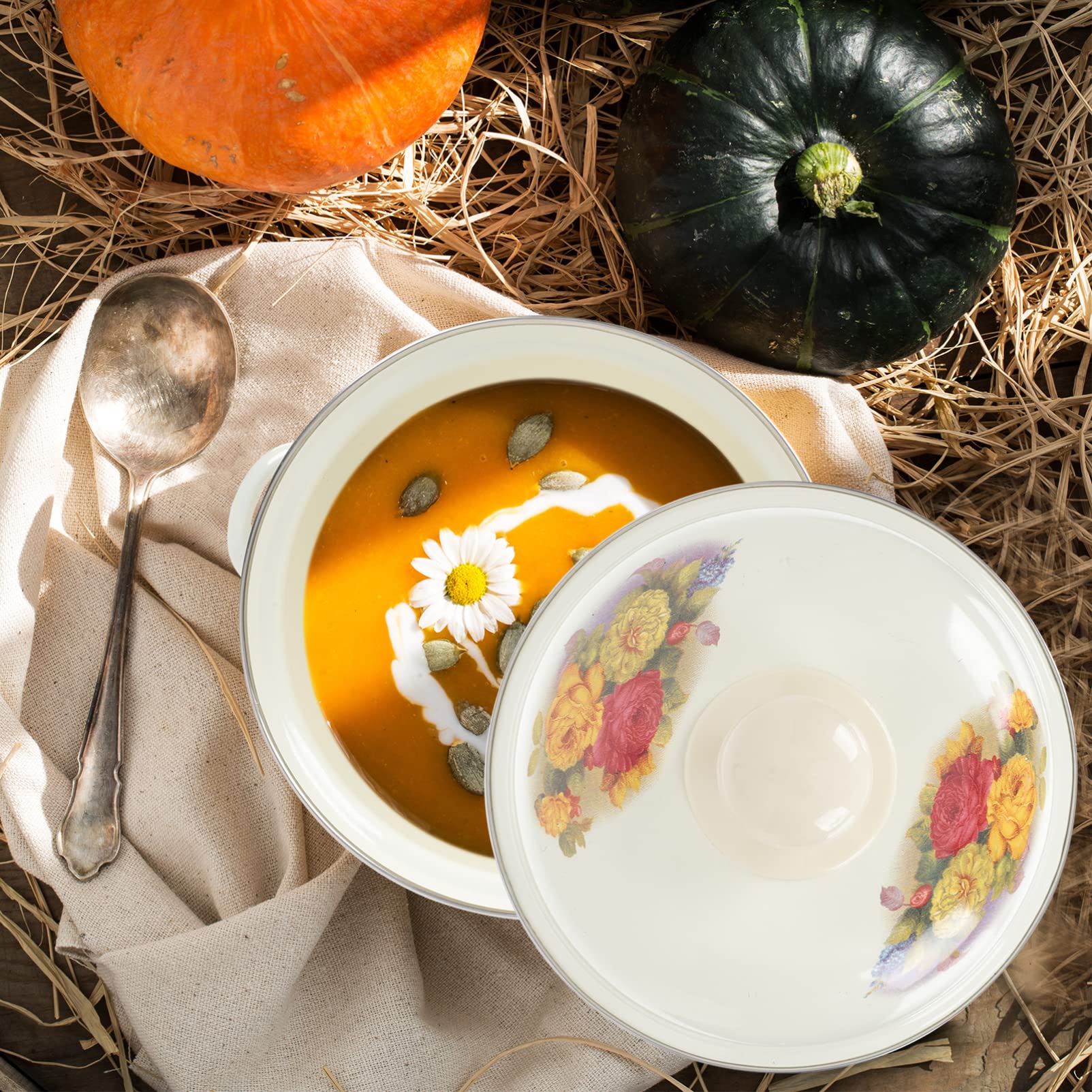 Premium Enamel Double Ear Soup Pot - 5QT Enamel Cooking Pot with Lid, Multi-Functional Stew Pot for Home Kitchen, Perfect for Soups, Stews & Slow Cooking - Durable Flat Bottom Stockpot for Gas & Induction Stoves