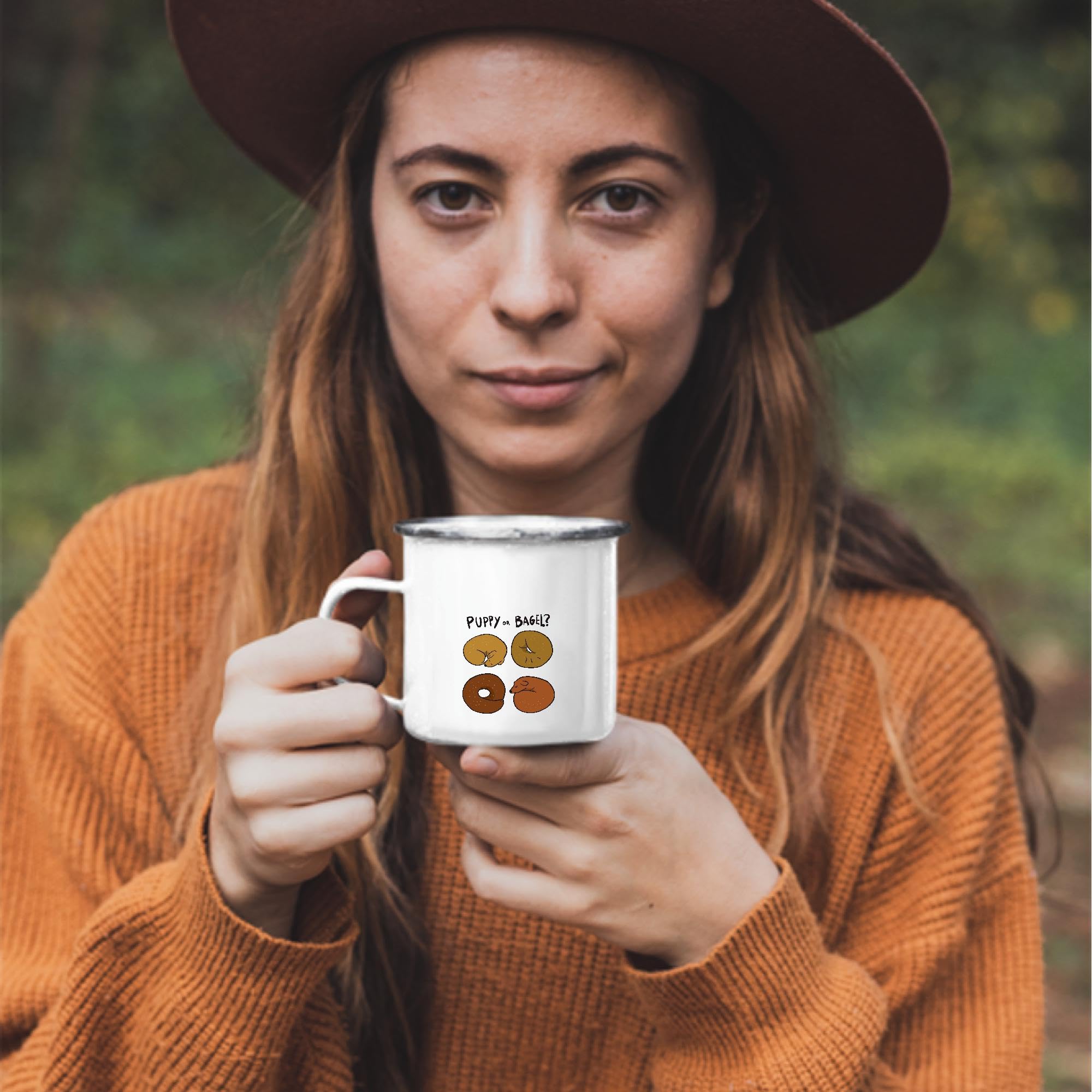 12oz Enamel Silver Coffee Mug - Perfect Gift for Dog Lovers, Pet Owners & Animal Fans - Cute Puppy and Bagel Sleeping Design - Great for Coffee, Tea & Hot Drinks at Home or Office