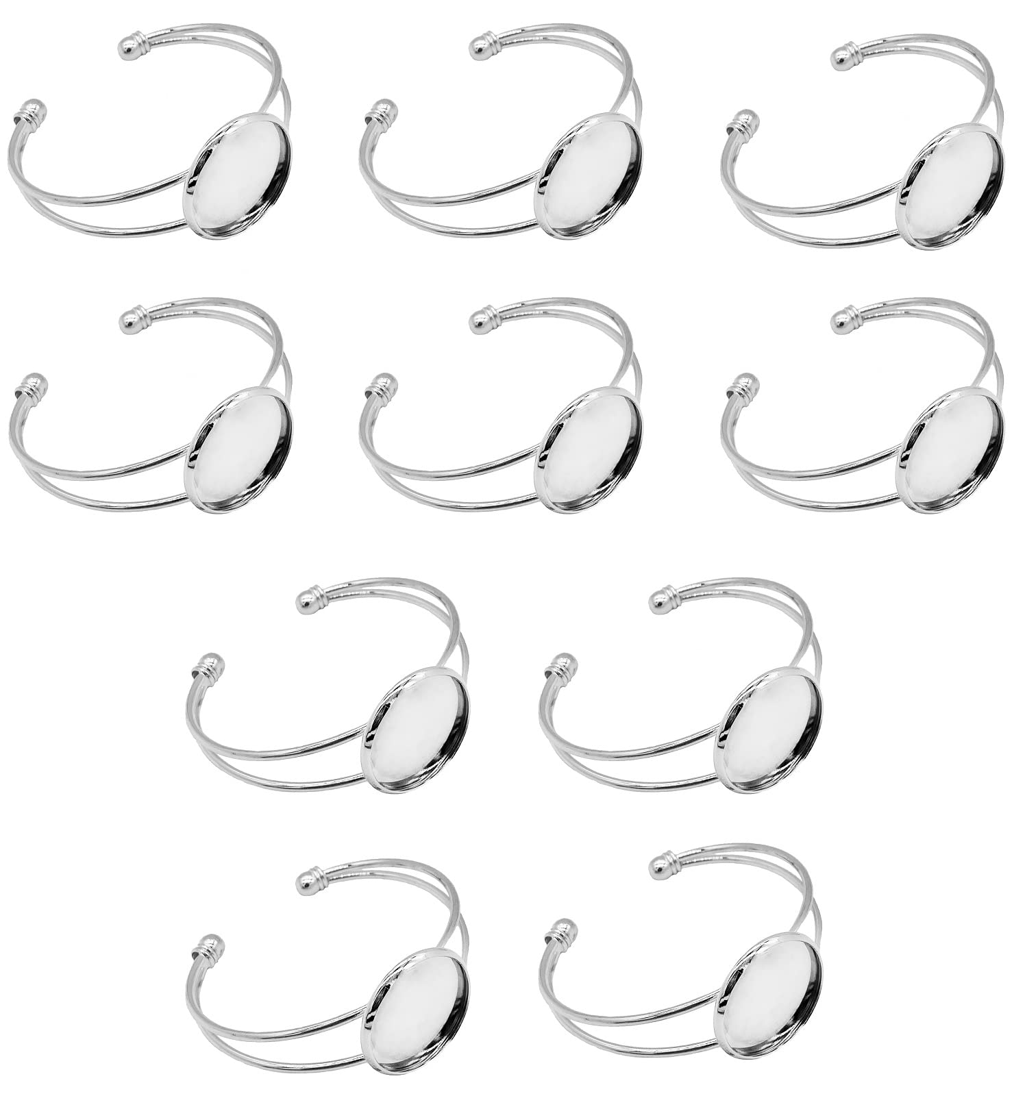 10 Pcs 25mm Adjustable Round Cabochon Bezel Tray Blank Bangle for DIY Jewelry Making - Silver - Perfect for Crafting Bracelets, Earrings & Pendants
