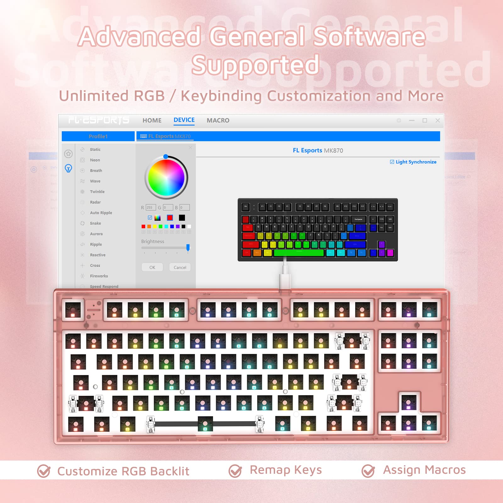 MK870 87-Key RGB Mechanical Keyboard - Hot-Swap, DIY Gaming Keyboard for PC & Mac (Frosted Pink)