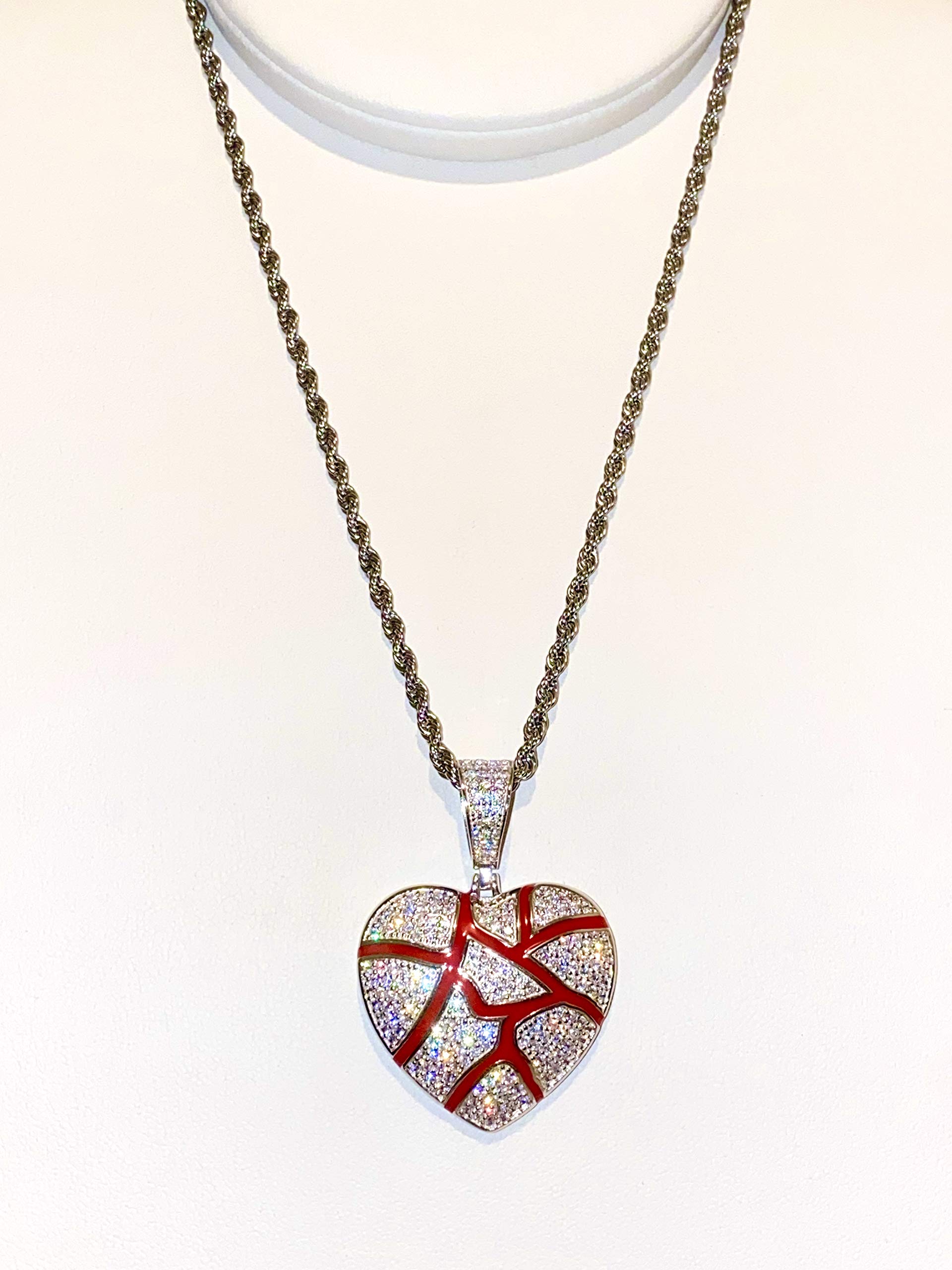 925 Sterling Silver Iced Broken Heart Pendant Necklace for Men & Women - 2mm Stainless Steel Rope Chain - Italian Iced Out Jewelry - Perfect for Gifts, Parties & Everyday Wear