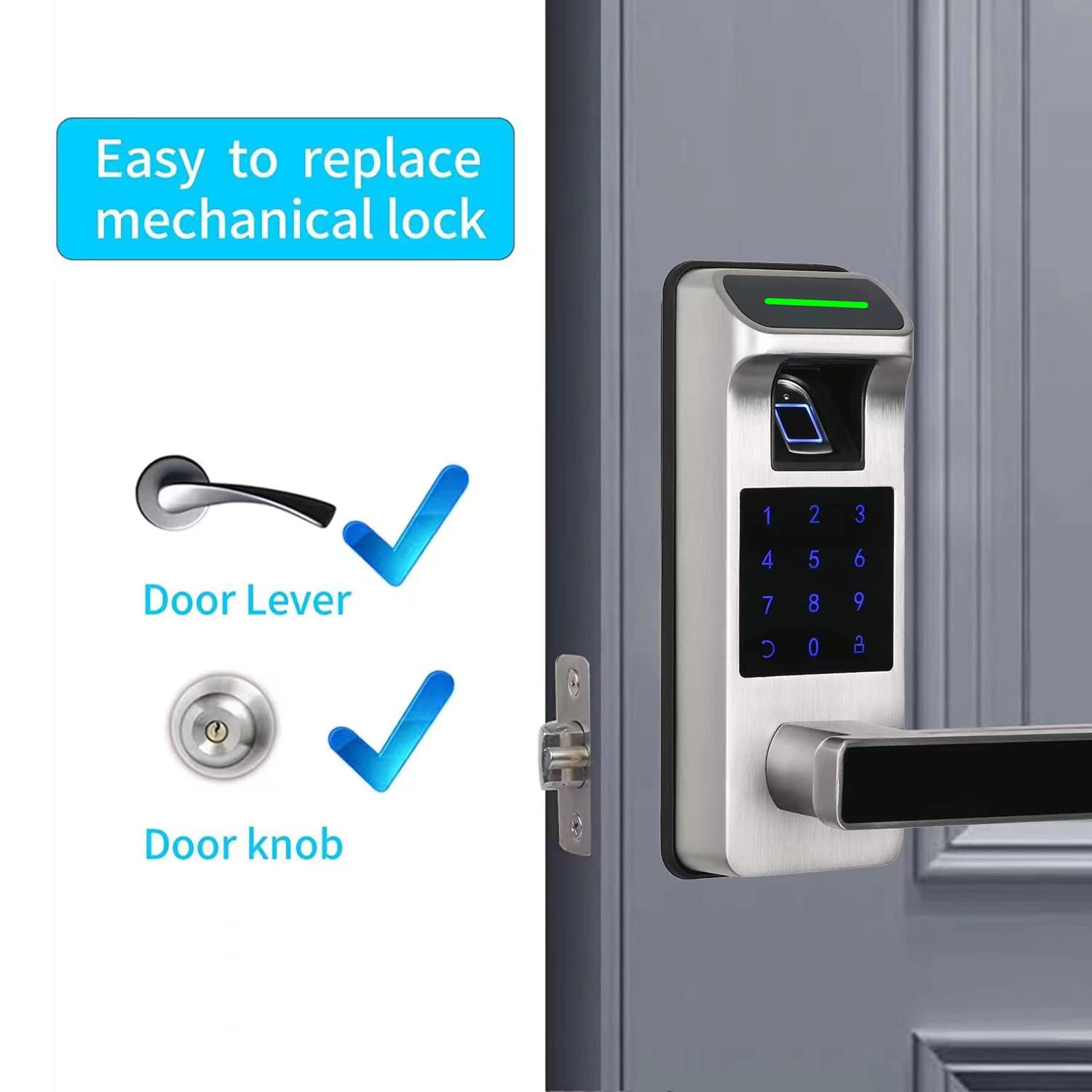 Harfo 5-in-1 Smart Fingerprint Door Lock - Heavy Duty Keyless Entry with Touchscreen Keypad, Reversible Handle & Digital Keypad - Electronic Smart Lock for Home Security (Satin Nickel) - Perfect for Apartments, Offices & Vacation Homes