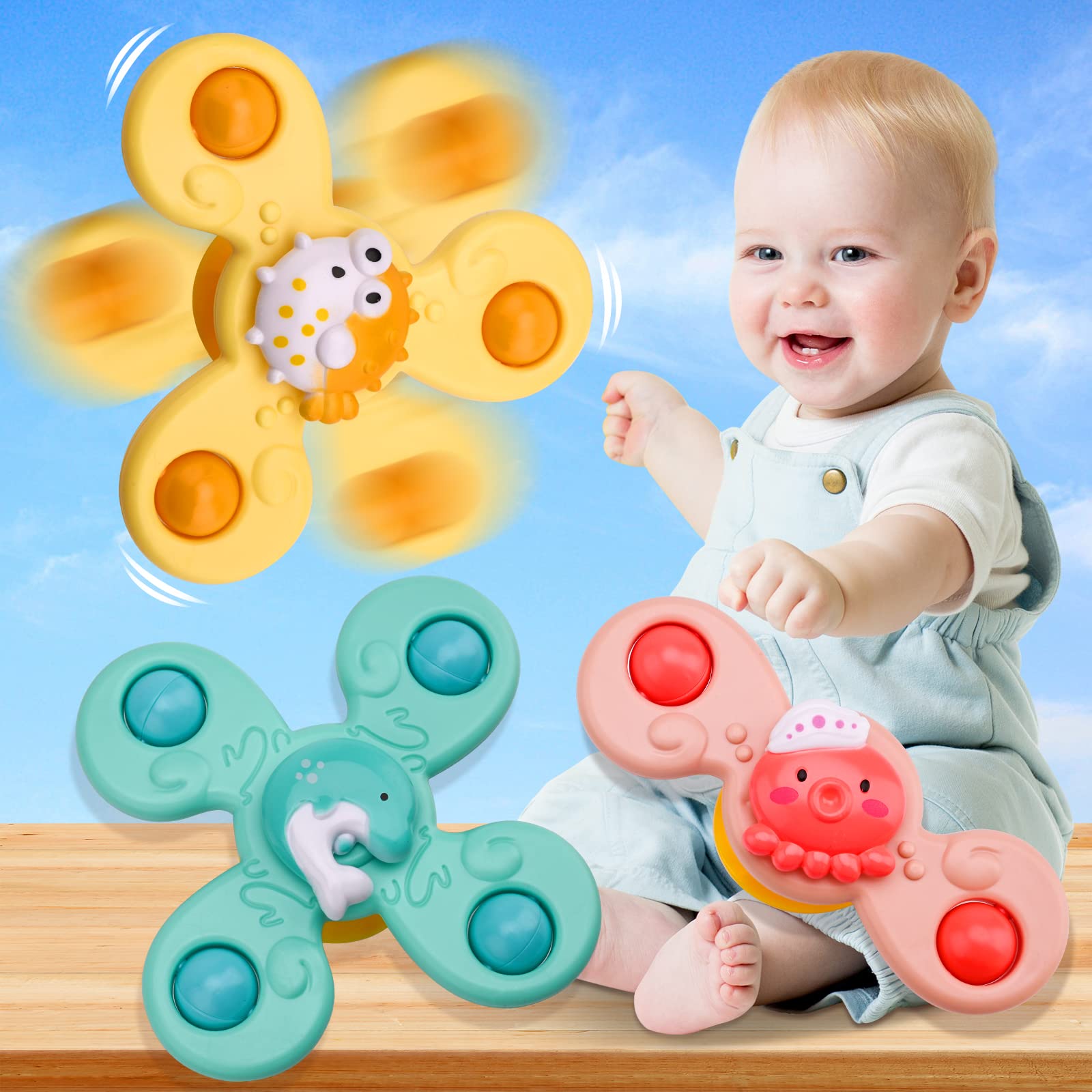 3-Piece Suction Cup Spinning Top Toy Set - Cartoon Ocean Spinner for Baby High Chair, Bathtub & Table Play - Sensory Rotation Game for Toddlers - Fun Developmental Gift for Kids (Dining, Bath Time & Sensory Play)