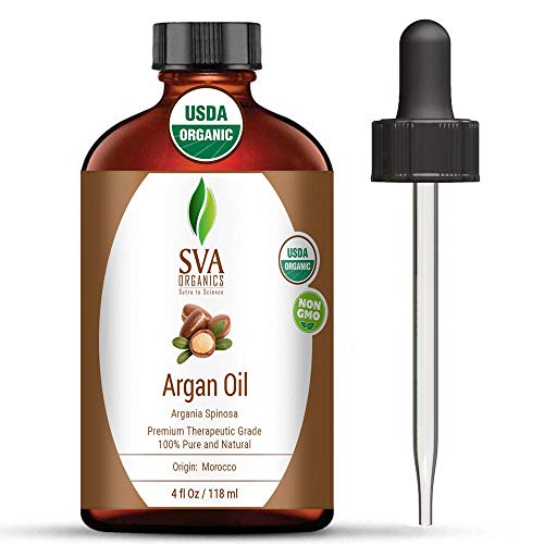 **SVA Organics 100% Pure Cold Pressed Argan Oil 4 Oz - USDA Certified Organic, Premium Therapeutic Grade for Hair, Beard, Face & Skin Care - Best for Dry Skin, Moisturizing Body & Shine Enhancement | Perfect for Daily Beauty Routine & Spa Treatments**