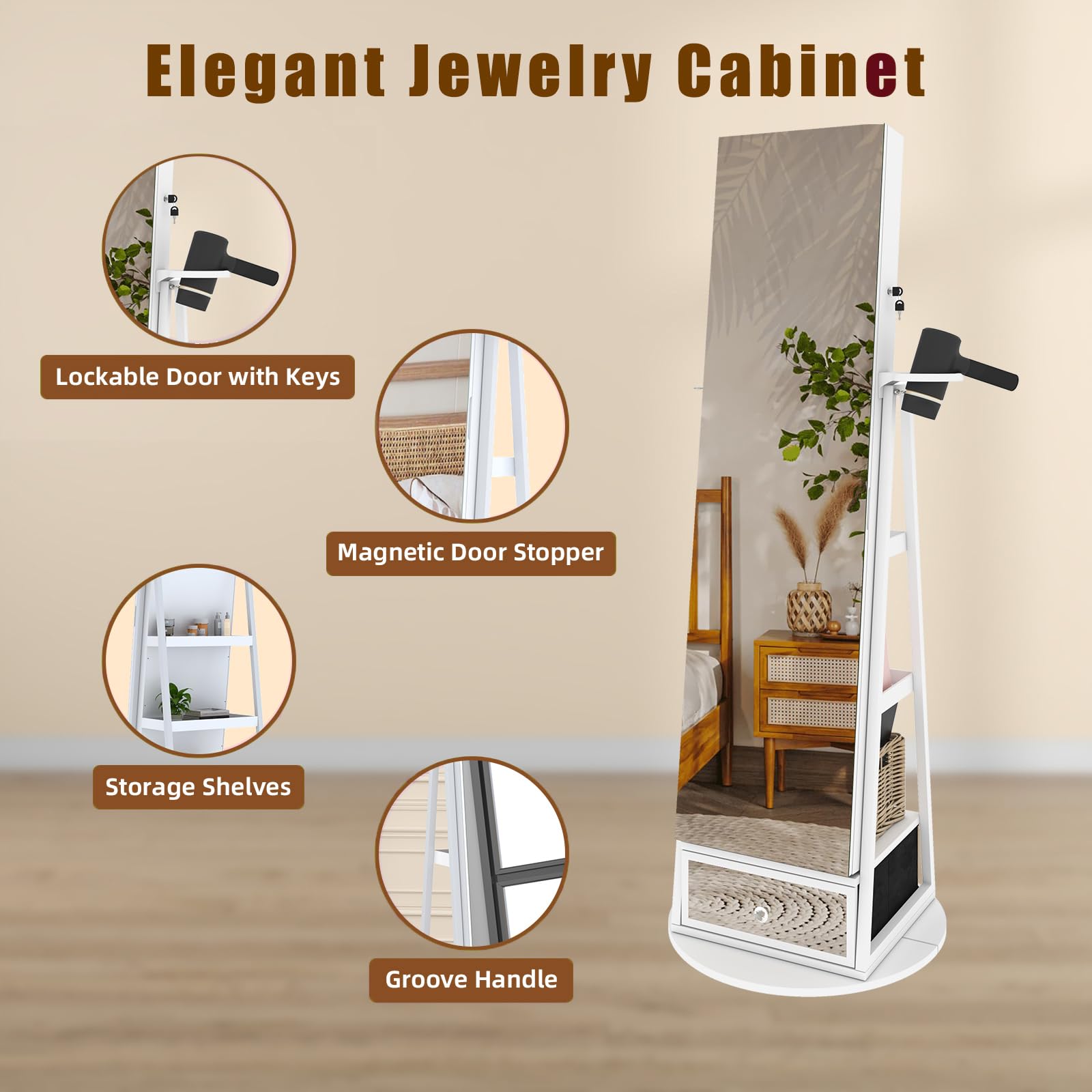 360° Swivel LED Jewelry Armoire with Full-Length Mirror - Foldable Makeup Organizer with Storage Shelves for Women & Girls | Perfect for Bedroom, Dressing Room & Closet Organization