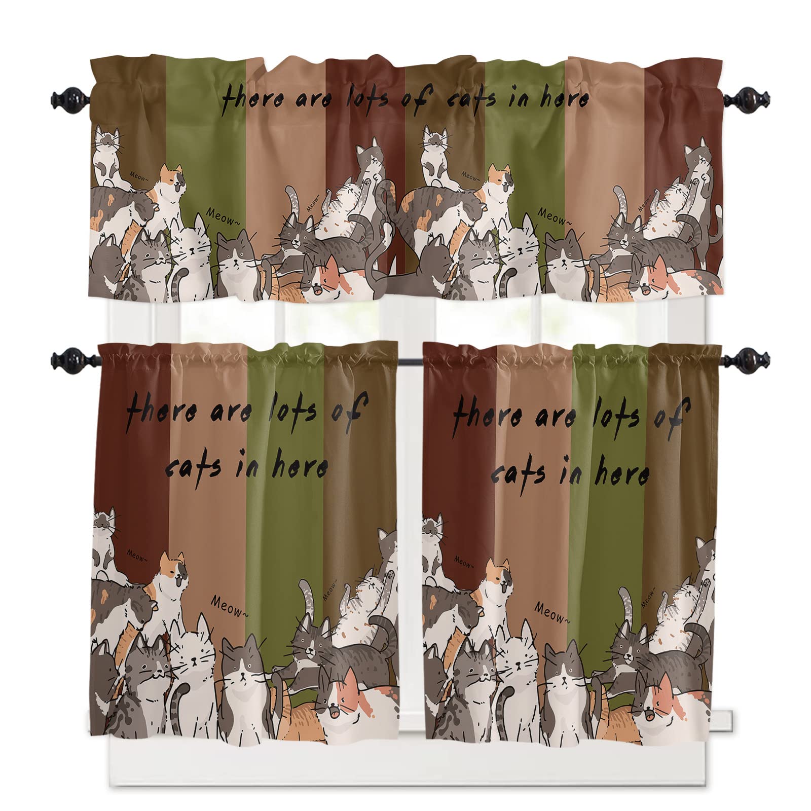 Farmhouse Kitchen Curtains Set - Cute Cat & Animal Print Tier Curtains with Valance, Brown Teal Beige Striped Rod Pocket Design, 24 Inch Length for Windows - Perfect for Cafe, Bedroom, and Cozy Home Decor