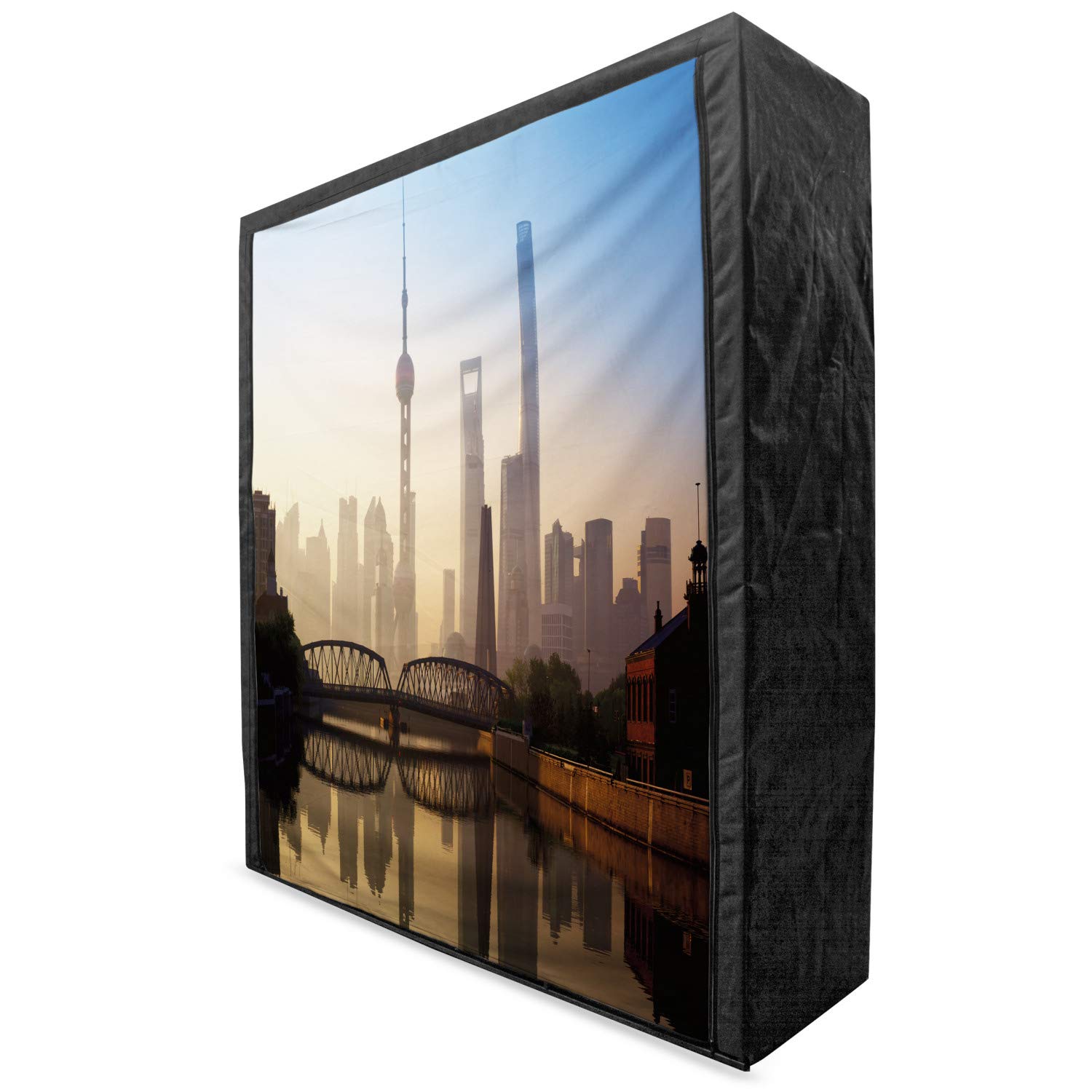 Ambesonne Portable Fabric Wardrobe - Shanghai Skyline Sunrise & Waibaidu Bridge Design, 59