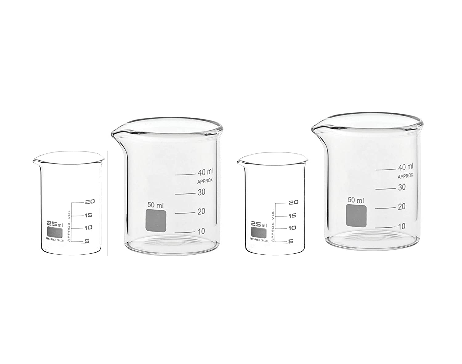 Premium Borosilicate 3.3 Glass Beaker Set - 25ml & 50ml Graduated Lab Beakers (4-Piece) for Chemistry Experiments, Science Labs & Home DIY Projects