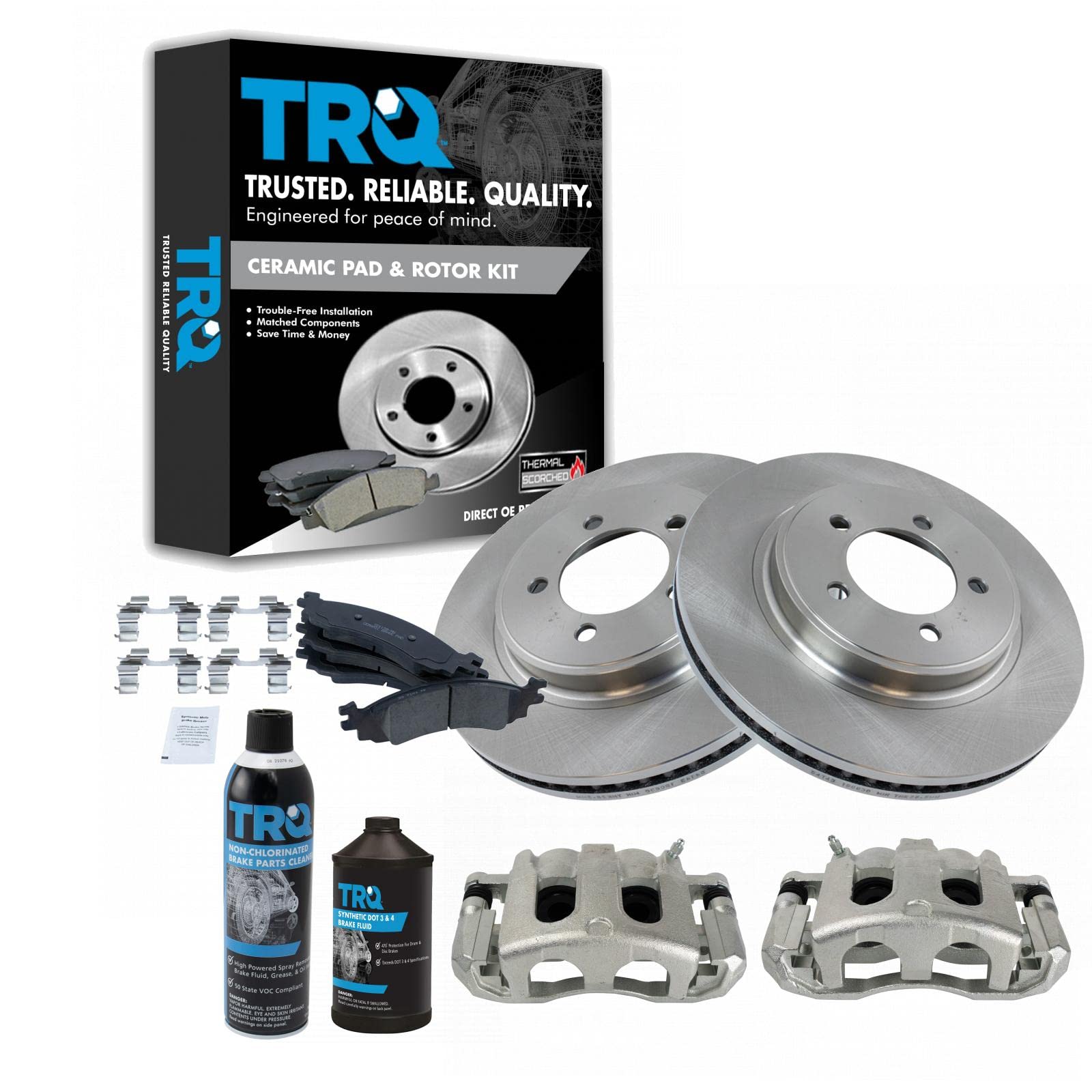 TRQ Front Brake Pad & Rotor Kit - Ceramic Vented Brake Pads, Rotors, Calipers & Chemical Kit - Compatible with 2006-2010 Ford Explorer, 2007-2010 Explorer Sport Trac, Mercury Mountaineer - Perfect for Smooth Stopping & Enhanced Safety on Highways & Mountain Roads