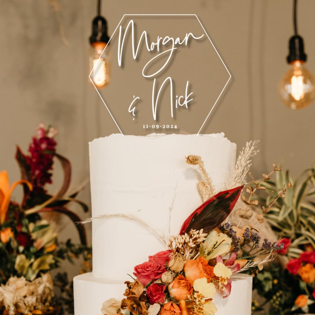 Custom Hexagonal Acrylic Wedding Cake Topper with Names - Personalized Lioness Design for Wedding Cakes, Anniversary & Special Celebrations