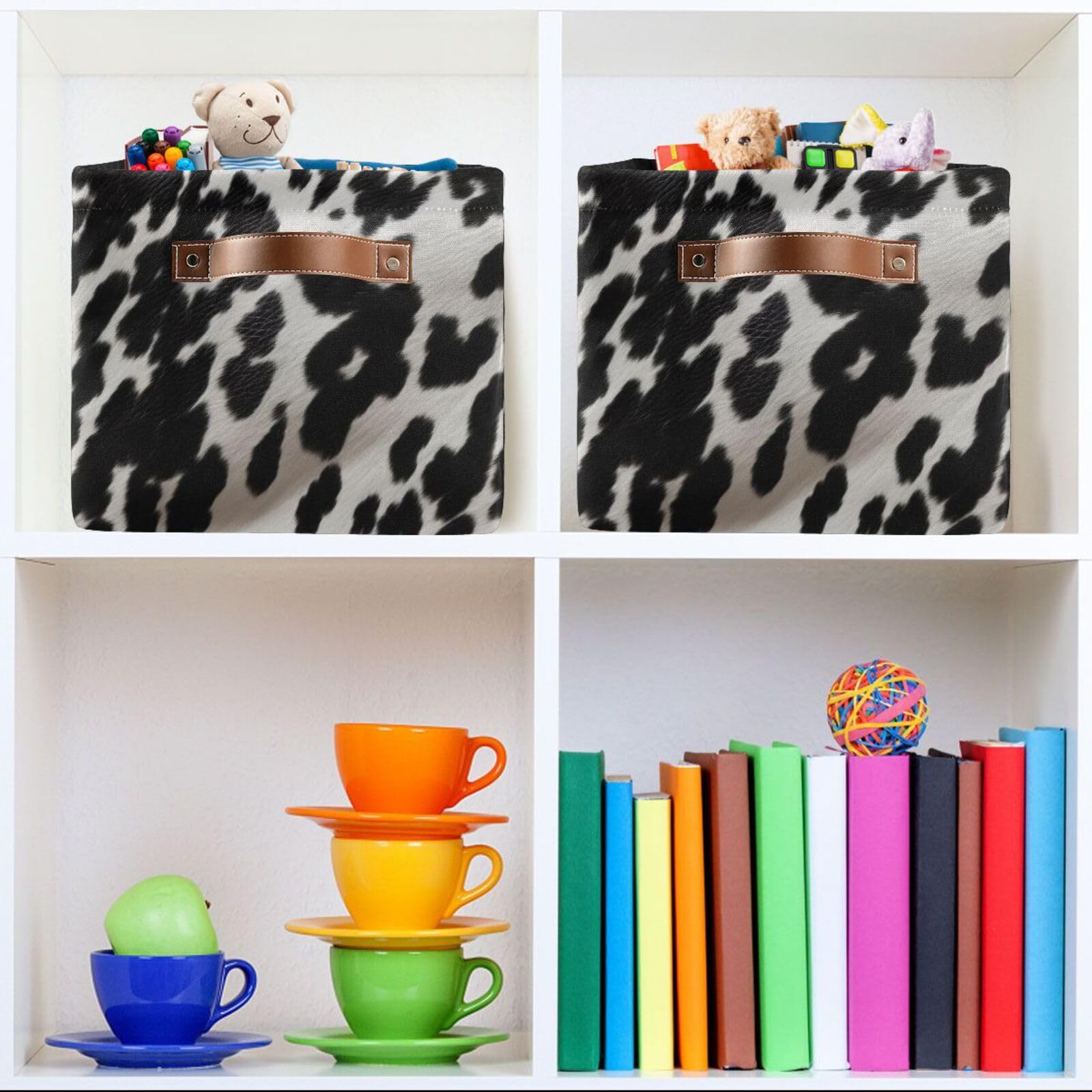 Cow Print Storage Baskets - Foldable Canvas Fabric Organizer Box with Handles - 2 Pack Rectangle Clothes Storage Bins for Home, Office, Closet & Shelves - Perfect for Bedroom, Laundry Room & Kids Room Organization