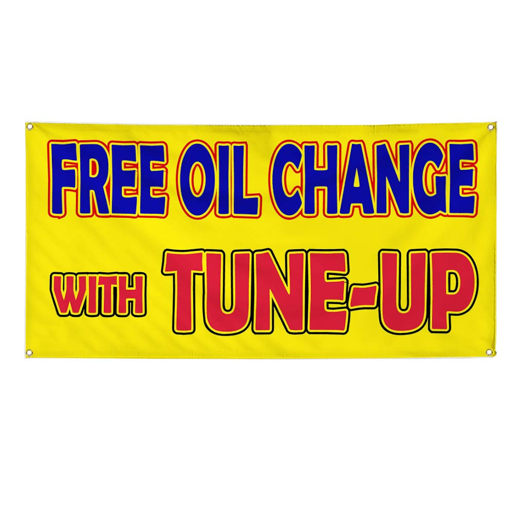 Durable 60x144 Inch Yellow Vinyl Banner with 10 Grommets - Weatherproof Outdoor Business Sign for Industrial Use, Yard Sales & Promotions (Free Oil Change with Tune-Up Offer) - Perfect for Storefronts, Construction Sites & Event Advertising
