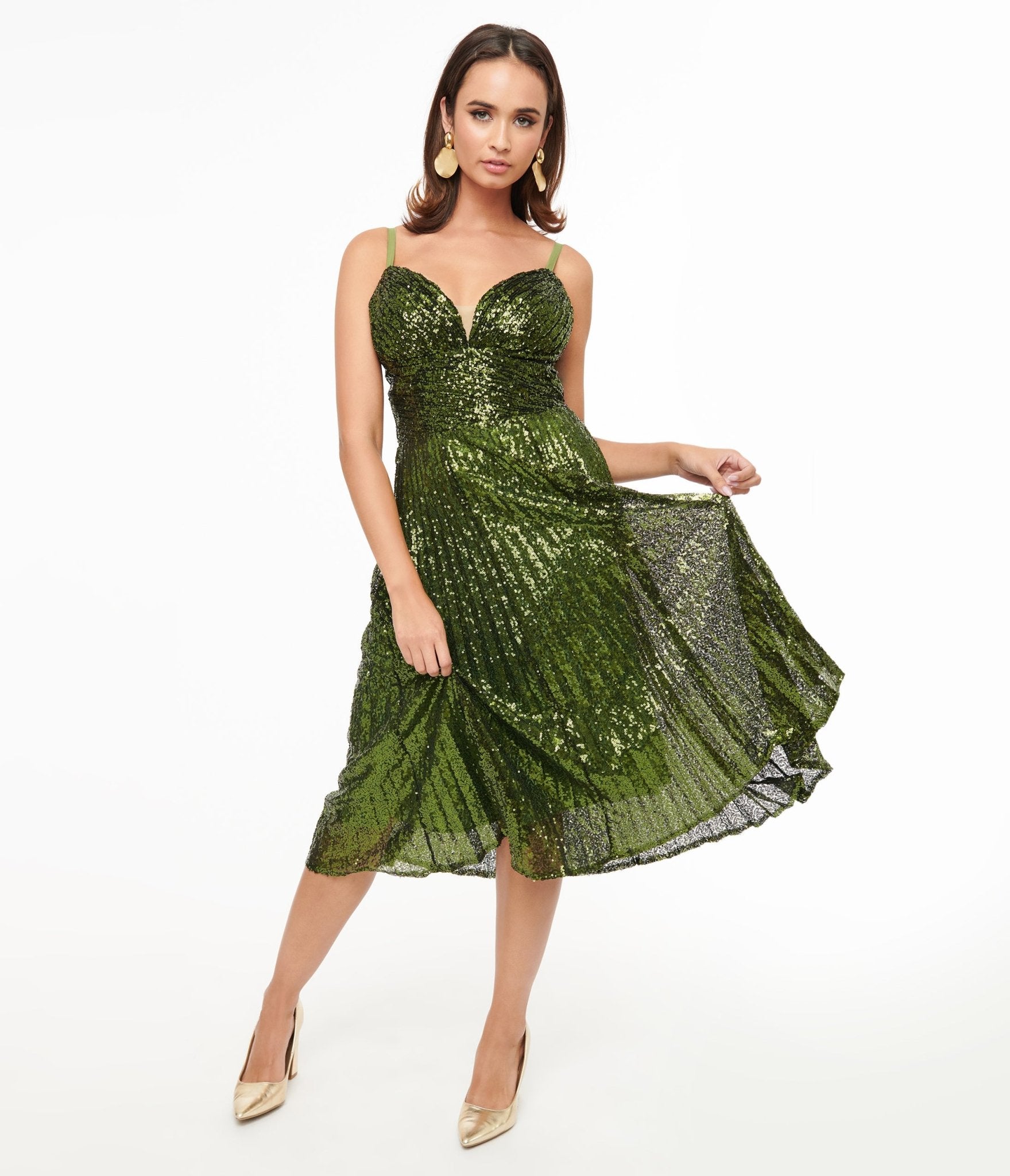 Vintage 1950s Emerald Green Sequin Pleated Swing Dress - Retro Cocktail Party, Holiday Formal, Pinup Costume, Gatsby Themed Event Outfit
