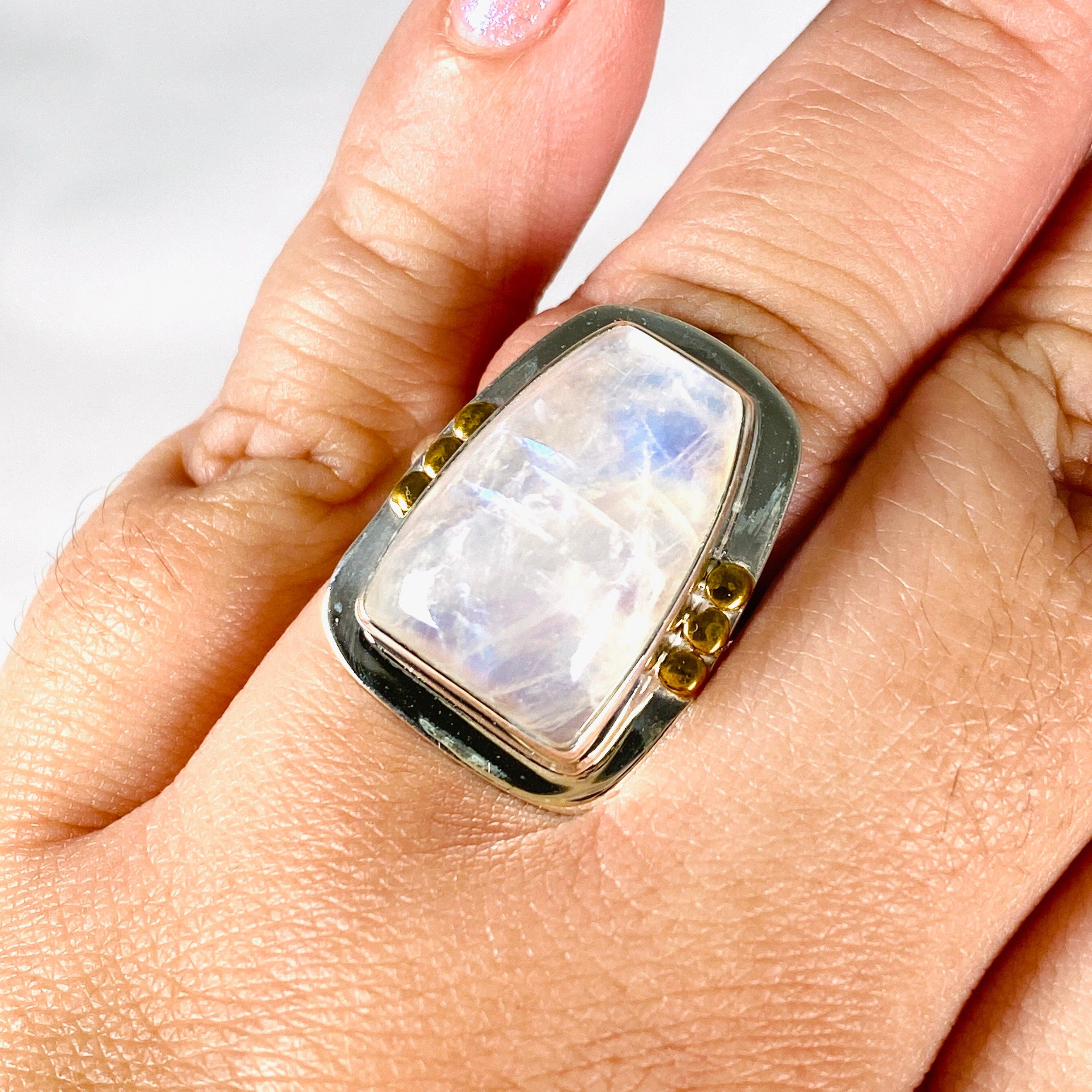 Moonstone Freeform Ring with Brass Detailing - Size 10 - KRGJ3035 - Boho Chic Jewelry for Women, Perfect for Everyday Wear & Special Occasions