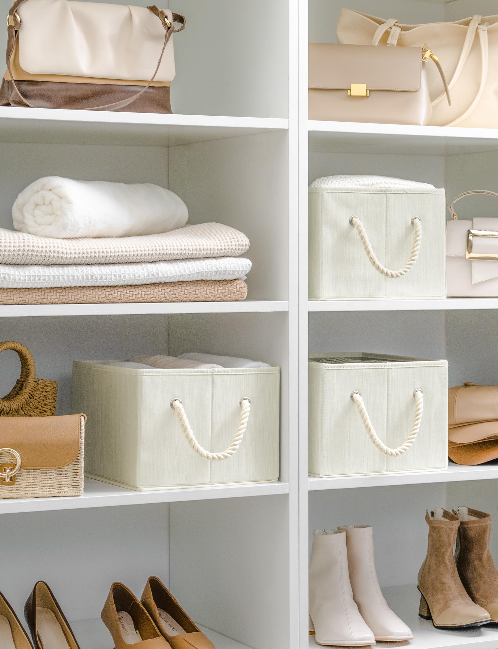 Foldable Fabric Storage Baskets with Handles - 3-Pack Medium Closet Organizer Bins for Shelves (Beige, White & Ivory) | Perfect for Bedroom, Closet & Kids Room Organization