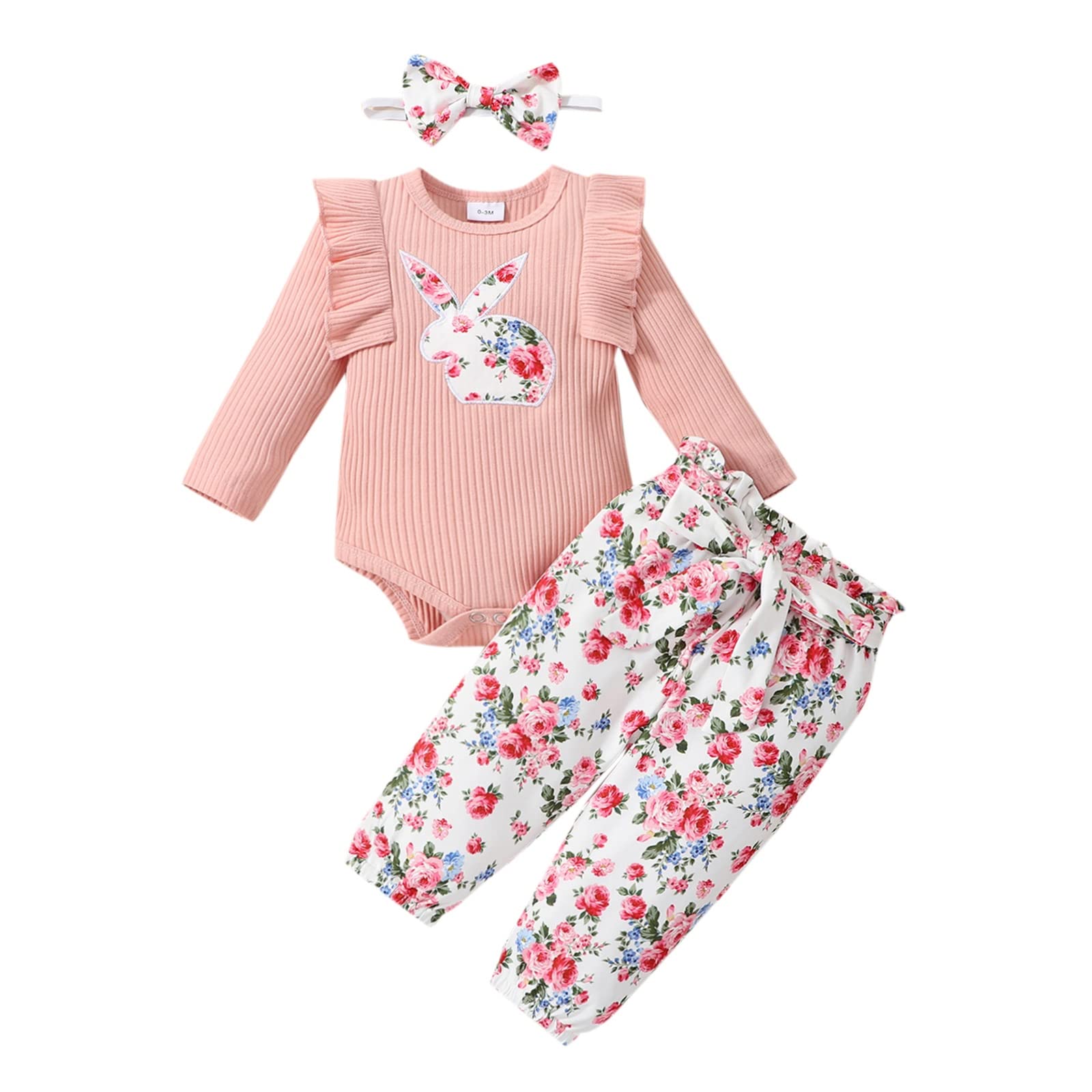 Easter Outfit for Baby Girls - Bunny Romper & Ruffled Pants Set (0-18 Months) | Newborn Infant Clothes for Easter Sunday & Spring Photoshoots