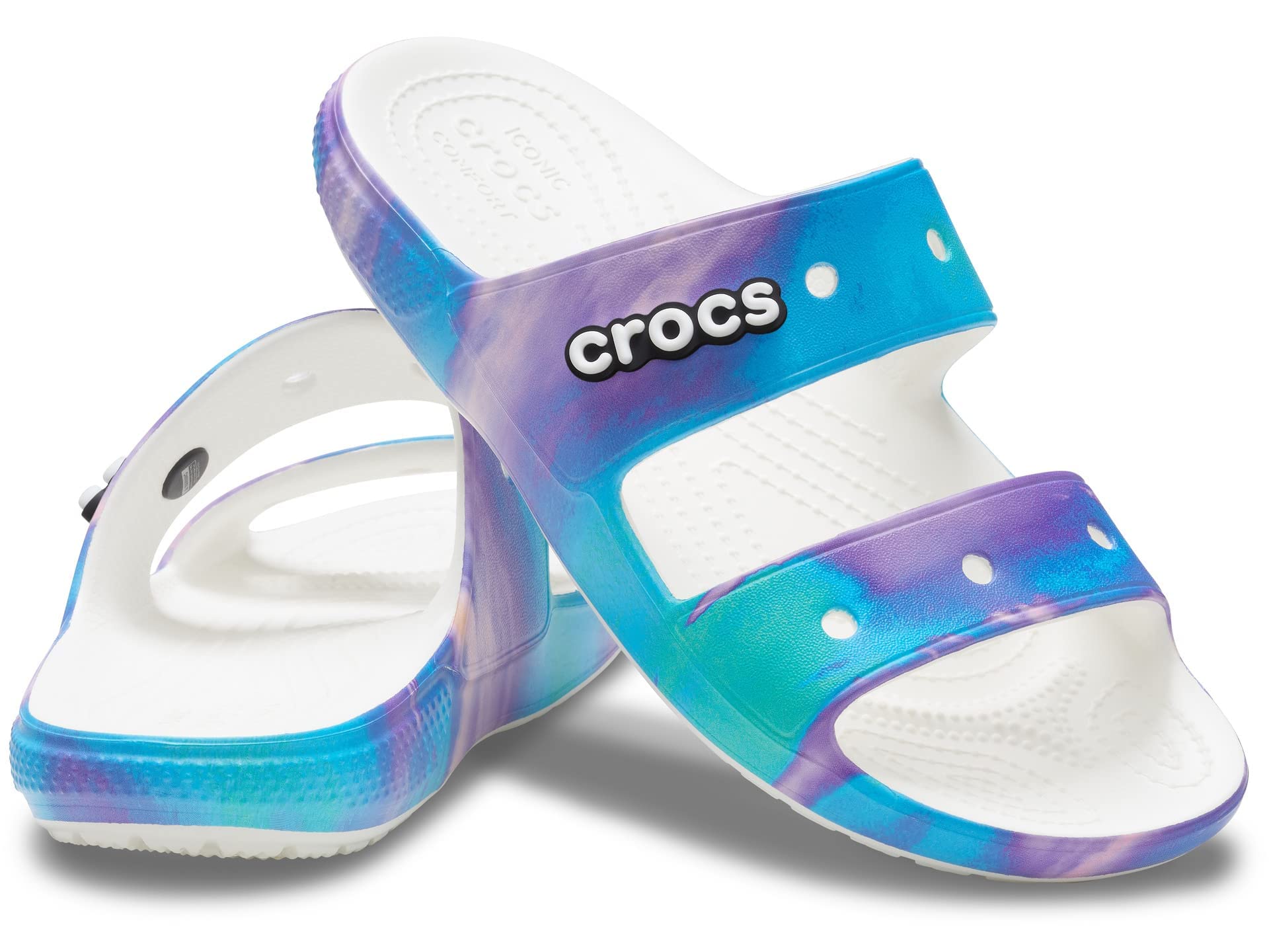 Crocs Unisex Classic Tie Dye Two-Strap Slide Sandals - Comfortable Beach & Pool Slides for Men and Women - Perfect for Summer, Vacation, and Casual Wear