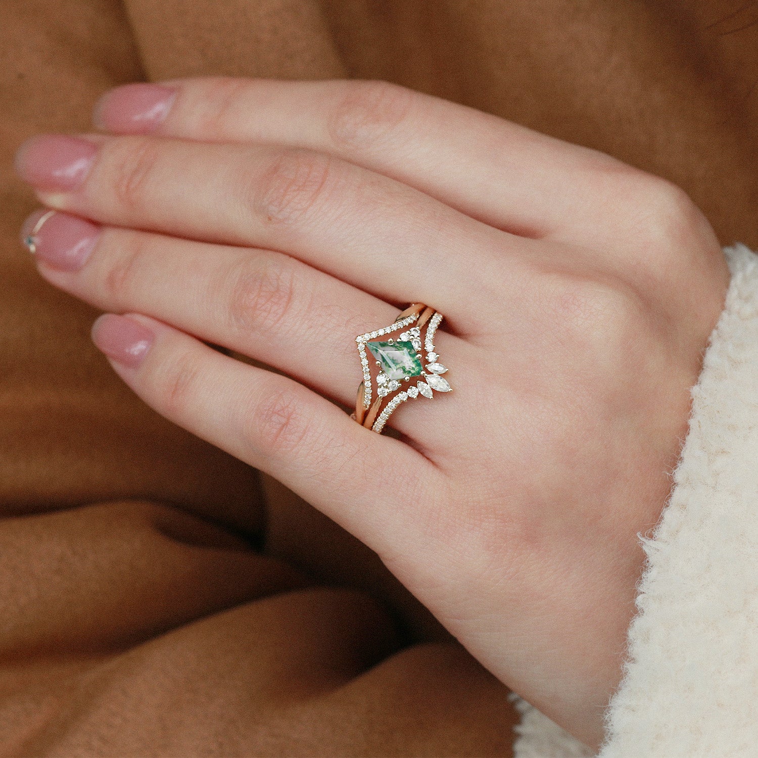 Green Moss Agate Kite Cut Infinity Curved Engagement Ring Set - 3 Piece Wedding Band Set for Women, Unique Gemstone Promise Ring, Boho Chic Jewelry for Bridal, Anniversary & Special Occasions