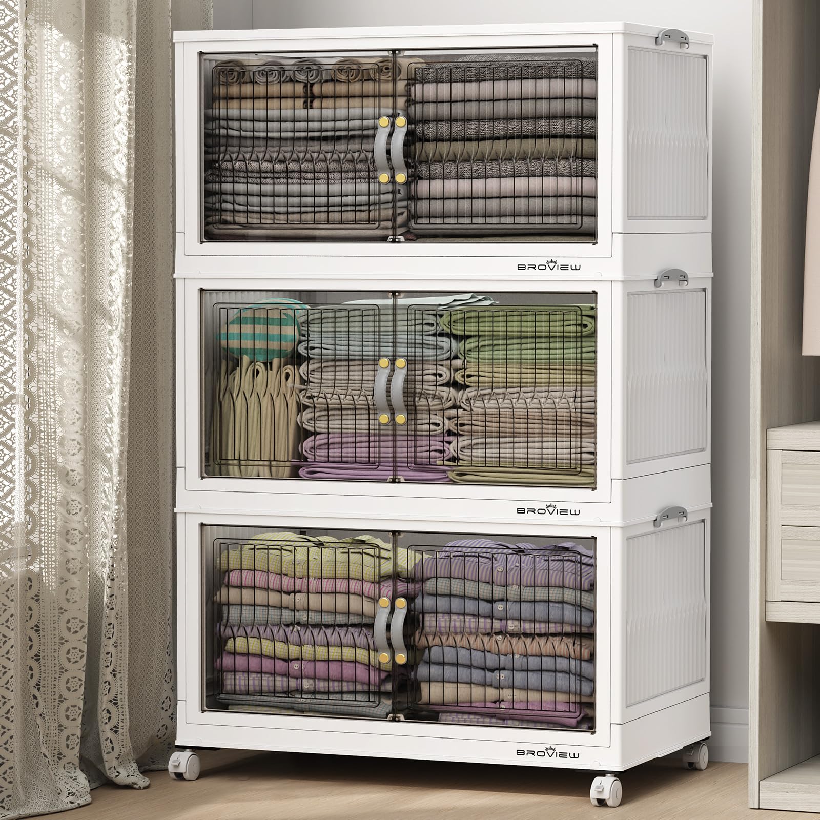 120 Qt Stackable Storage Bins with Lids - 3-Pack White Collapsible Organizing Containers with Wheels | Closet, Clothes & Home Organization | Perfect for Bedroom, Garage & Moving Storage