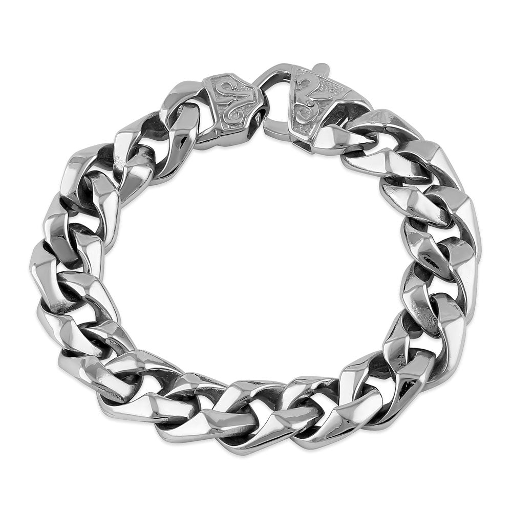 Stainless Steel 12.5mm Curb Chain Fleur de Lis Clasp Bracelet for Women - Elegant Jewelry Gift for Birthday, Anniversary & Special Occasions