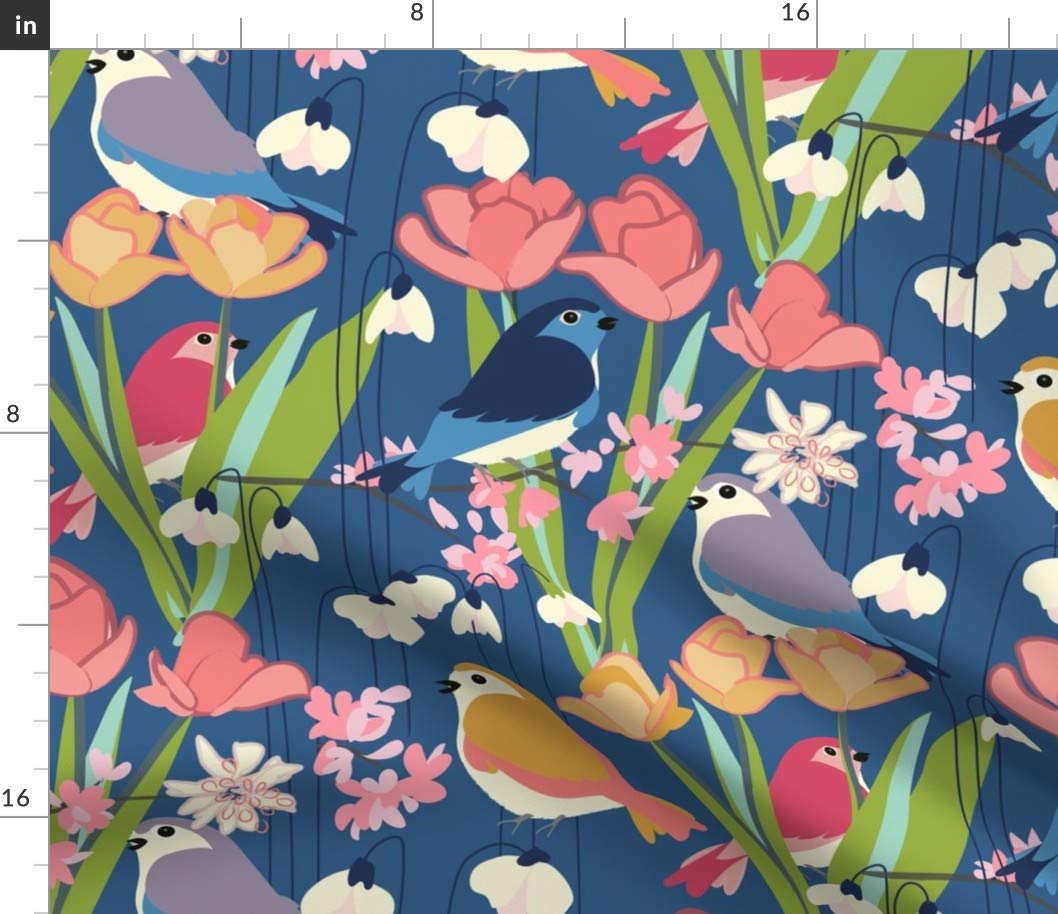 Spring Birds Floral Printed Cotton Fabric - Pink Green Blue Modern Design for Sewing, Quilting, Apparel & Home Decor | Fat Quarter Petal Signature Cotton | Perfect for DIY Crafts, Pillows & Curtains