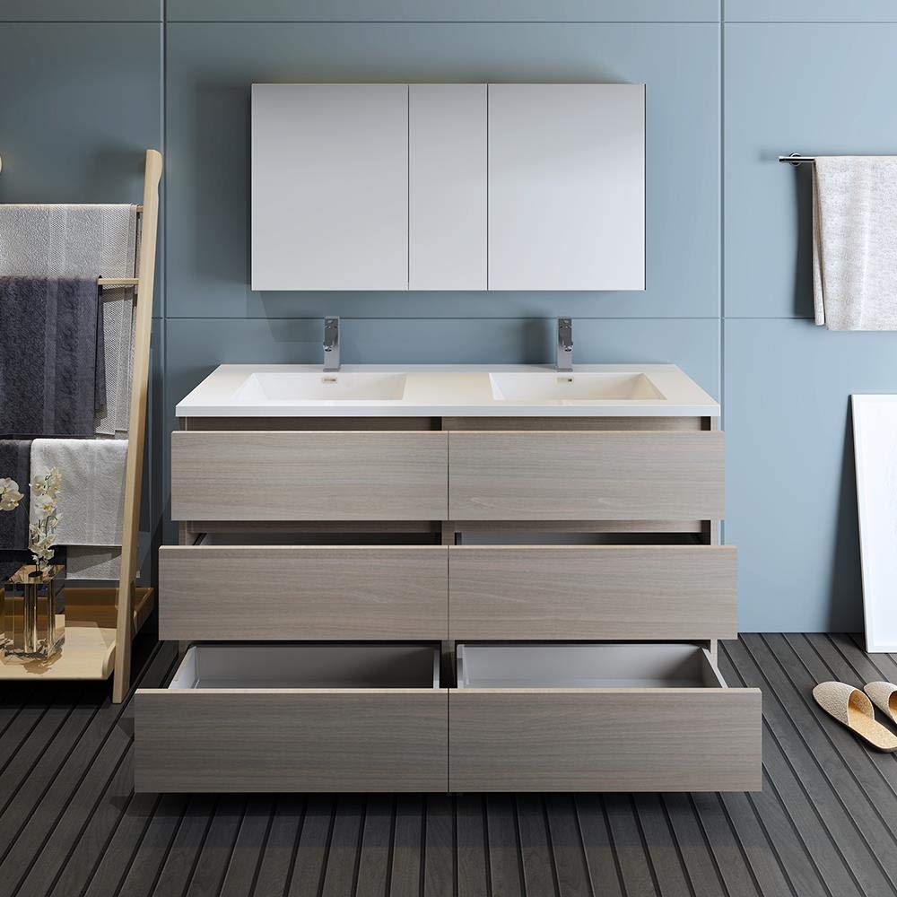 Fresca Lazzaro 60 Inch Gray Wood Modern Double Sink Bathroom Vanity with Medicine Cabinet - Free Standing Design (Faucet Not Included) for Master Bathroom or Guest Bath Remodel